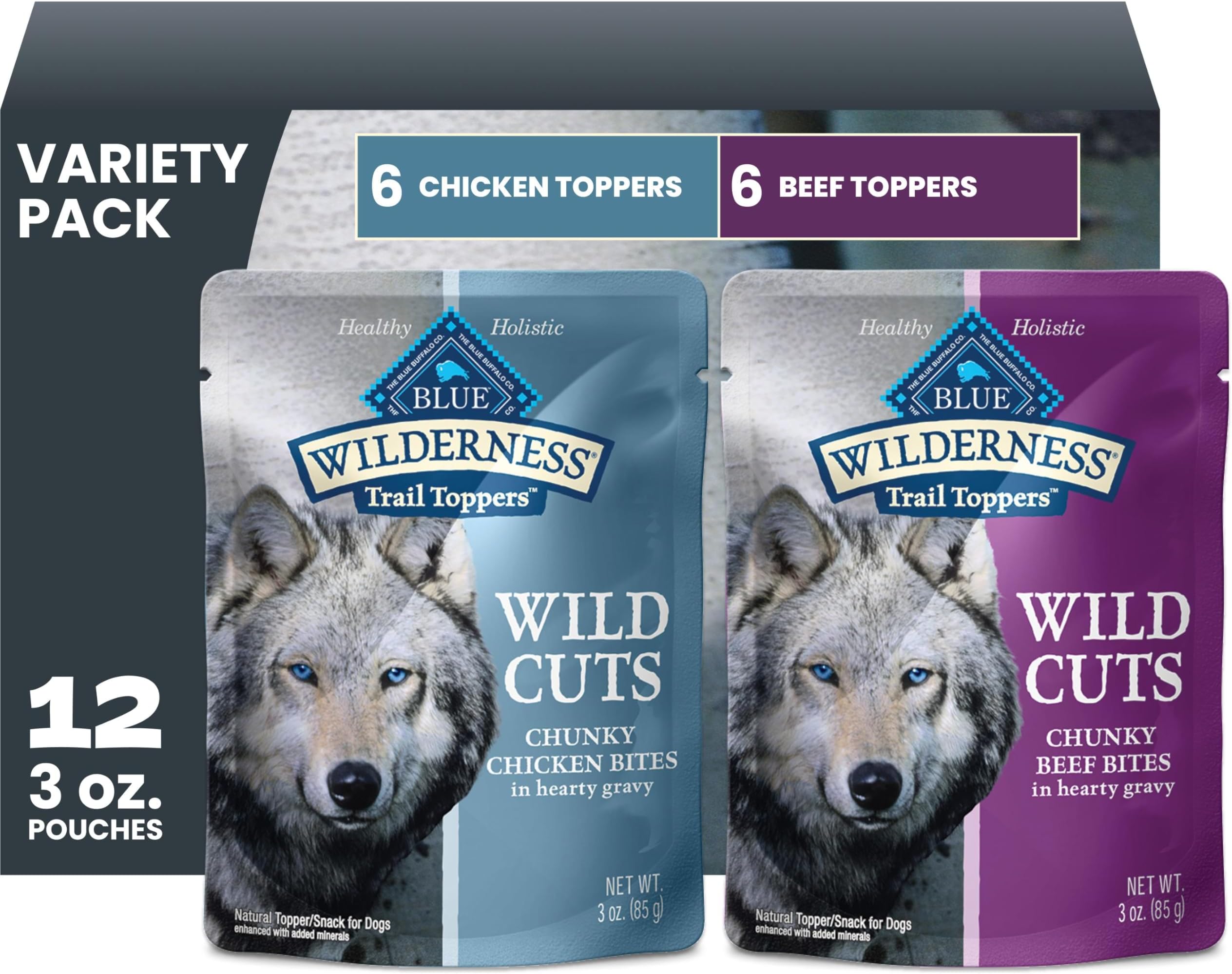 Wilderness Trail Toppers Wild Cuts Chicken & Beef Variety Pack, Natural Wet Dog Food Made with Natural Ingredients, Protein-Rich & Grain-Free Recipes, 3-oz. Each (12 Pouches)