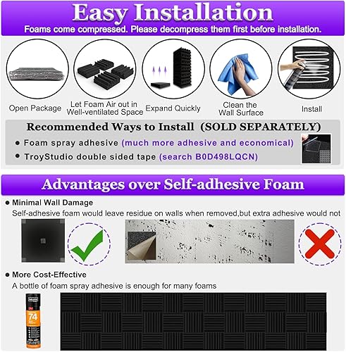 Miniatura 6 de TroyStudio Paneles de espuma acústica gruesos, 12 x 12 x 3 pulgadas, 4 piezas de espumas absorbentes de sonido de banda ancha, azulejos acolchados
