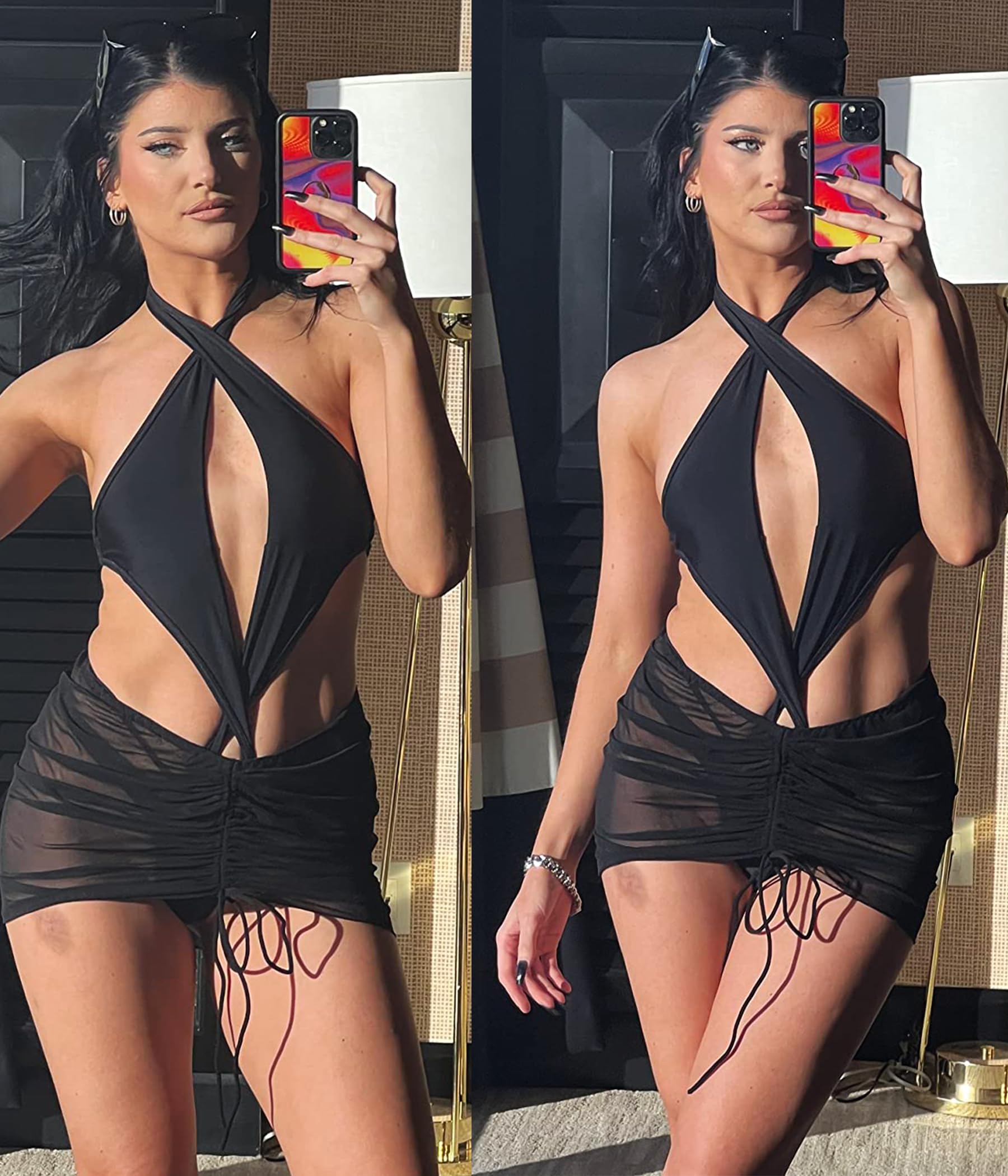 AI'MAGE 2 piezas de playa para mujer, pareo corto de gasa para cubrir traje de baño, faldas envueltas con cordón fruncido S-XXL, Blanco y Negro, Small