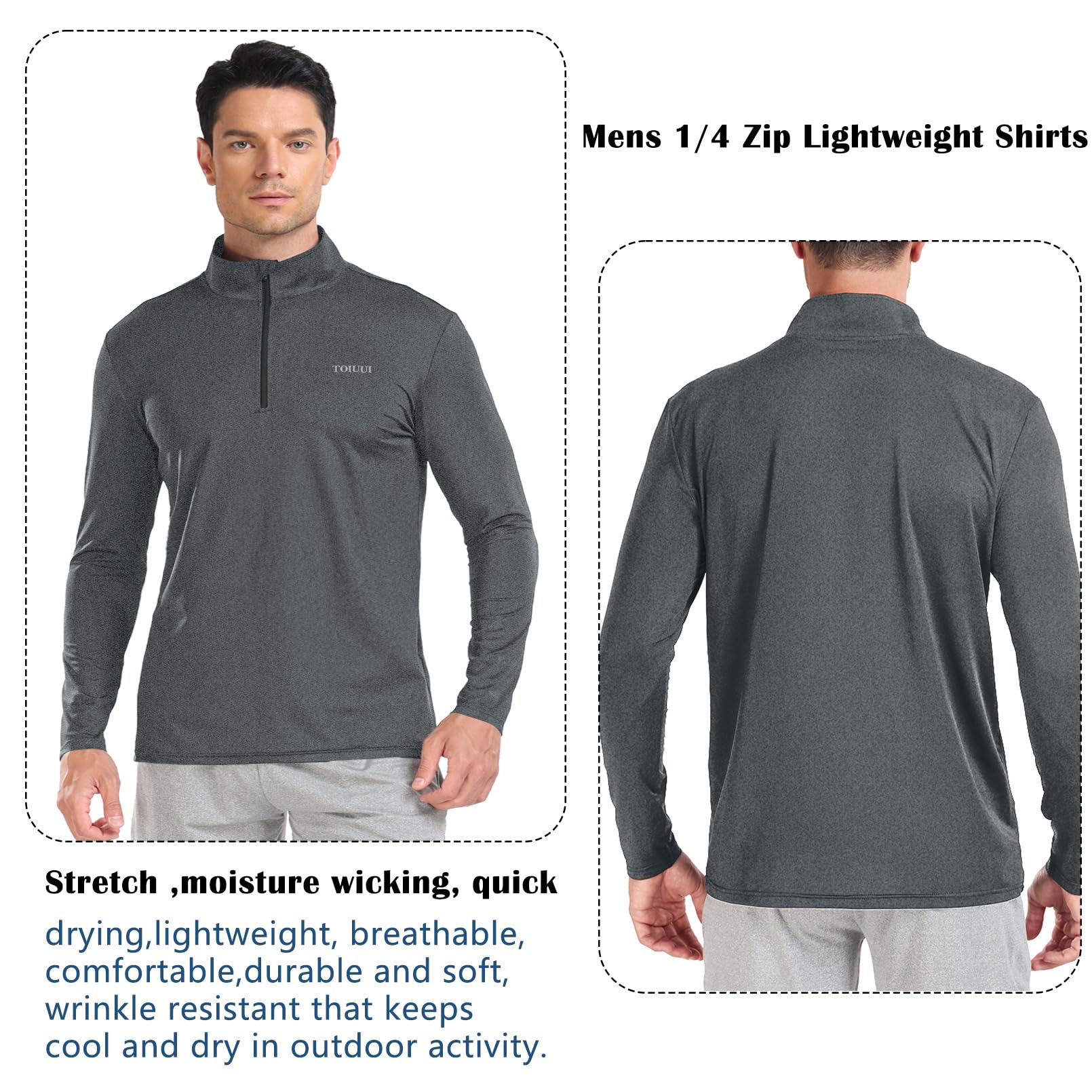 TOIUUI Men Quarter Zip Pullover Sun Uv Protection Long Sleeve Fishing Golf Outdoor Running UPF 57 T-Shirts Dark Grey M