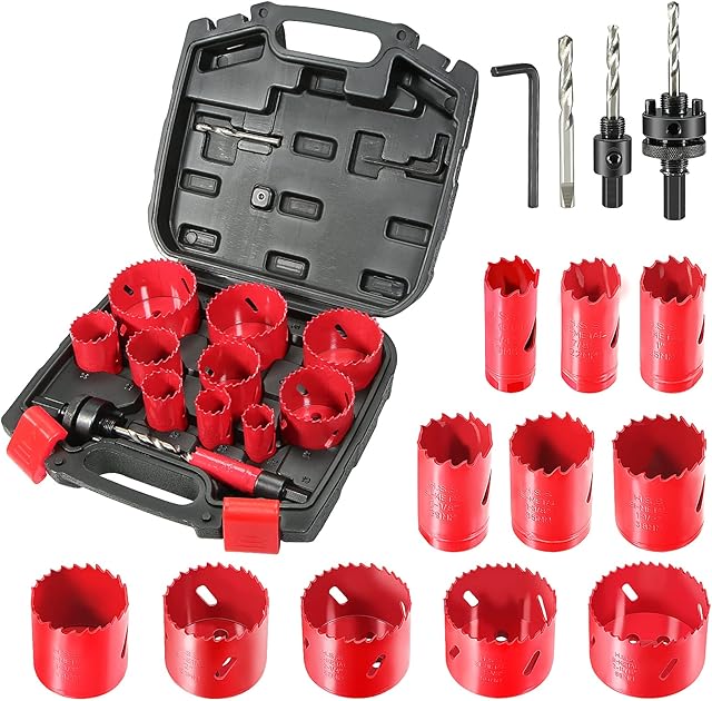 Bi-Metal Hole Saw, HYCHIKA 17 PCS Hole Saw Set with 11PCS 19mm-68mm Saw Blades, 2 Mandrels, 3 Drill Bits, 1 Hex Key, Cutting Depth: 40mm, Perfect for Drilling Soft Metal, Wood, PVC Board and Plastic