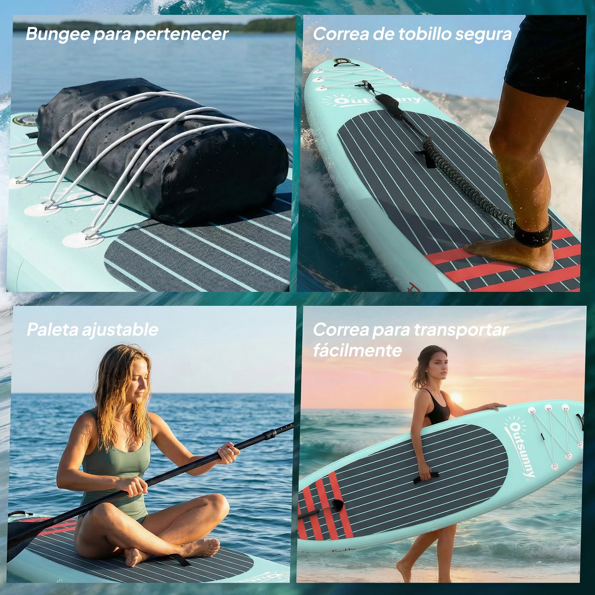 Outsunny Tabla Paddle Surf Hinchable con Accesorios, 320 cm, Remo de Aluminio Ajustable, Quilla, Stand Up Paddle Board con Superficie Antideslizante de EVA, Bomba y Mochila, Carga 160 kg, para Adultos