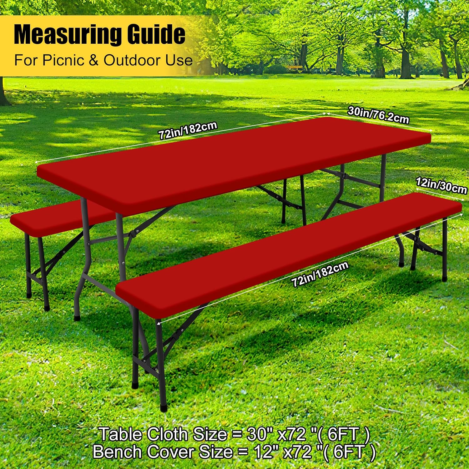 Condition photo showing New/Like New for smiry picnic table cover with bench covers, waterproof elastic fitted polyester tablecloths for 6 ft rectangle tables, washable windproof tablecloth for camping, rv & outdoor (red, 30x72 inches) 30"x72" red