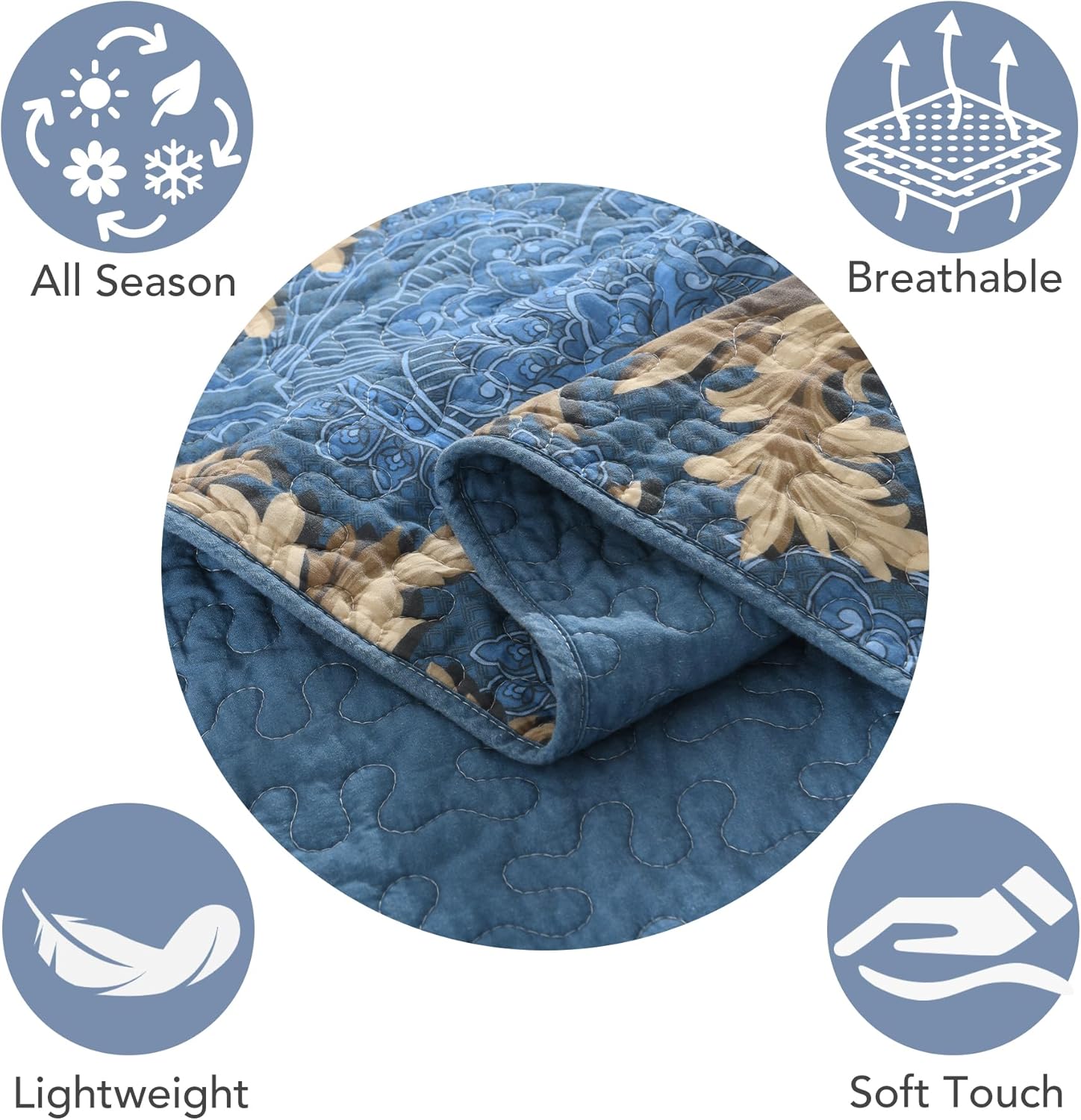 Queen Quilt Set 100% Cotton – Blue Damask Floral Bedspread, Classic European Style Reversible Quilt Bedding Set 3 Pieces, Lightweight All Season, Dark Blue & Brown