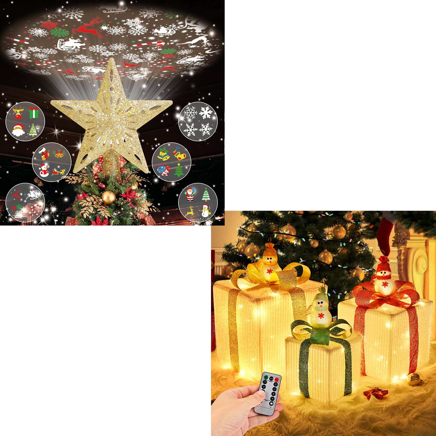 PatiobayChristmas Tree Topper Lighted with 6 Projected Patterns and Set of 3 Christmas Lighted Gift Boxes