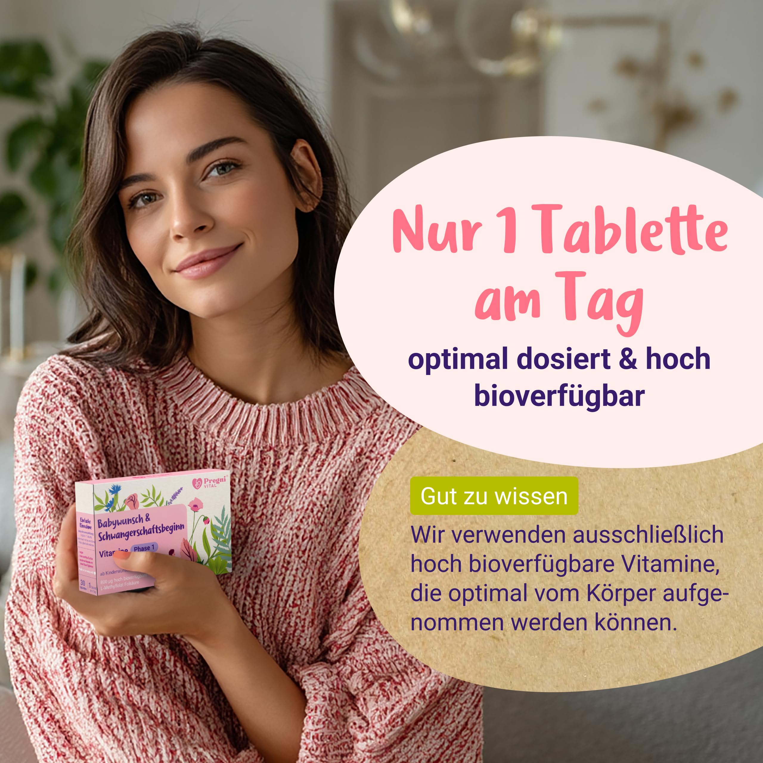 PregniVital Phase 1 Schwangerschaftsvitamine 1. Trimester bis 12. SSW – Folsäure Schwangerschaft, Kinderwunsch Vitamine, Cholin Schwangerschaft - 30 Tabletten