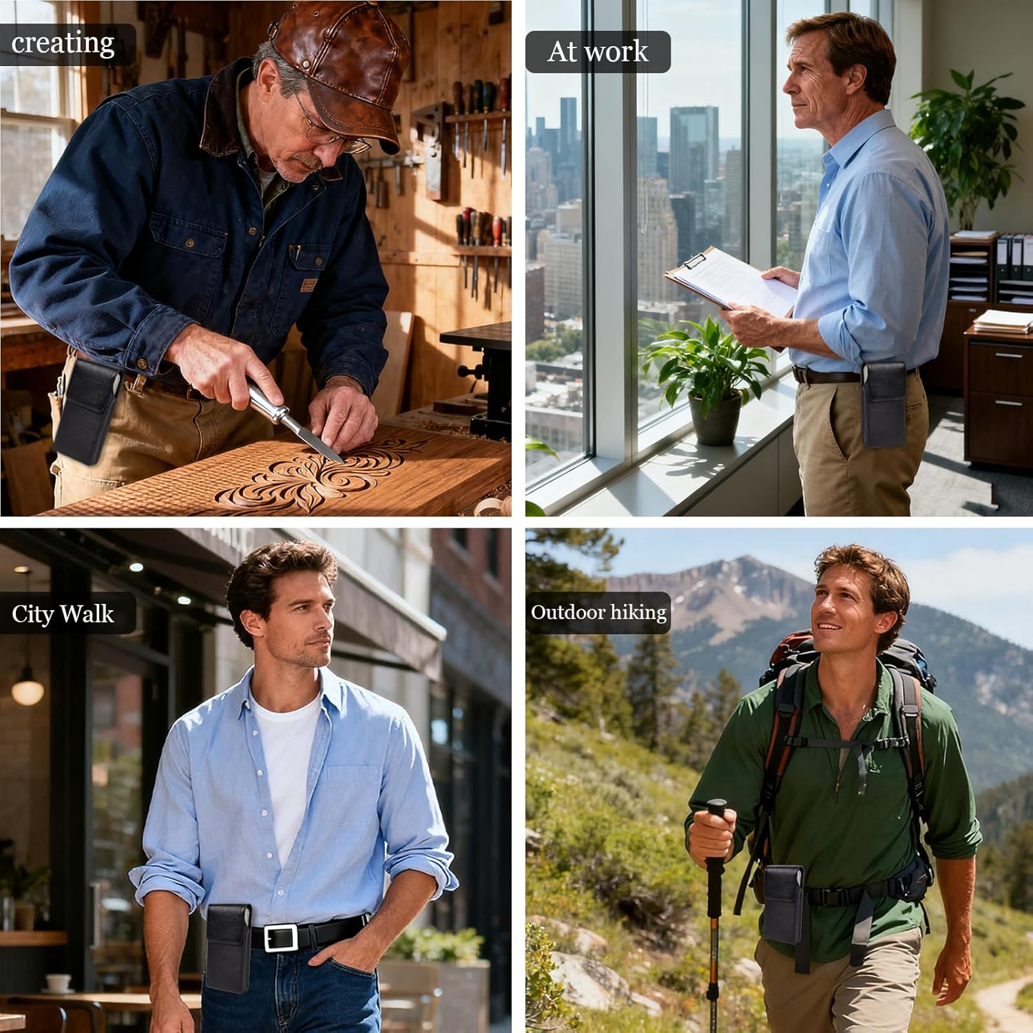 Leather Phone Holster - Genuine Full-Grain Buffalo Leather Cell Phone Holsters - for iPhone 16, 15, 14, 13pro, Galaxy S24, S23, S22-7.3" X 3.8" (Black, Large)