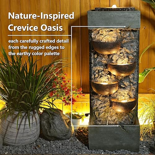 Miniatura 3 de Fuente de agua para jardín, cuenco en cascada, fuente de agua de pie con luces LED, bomba, piedras naturales para jardín, sala de estar, patio, 43