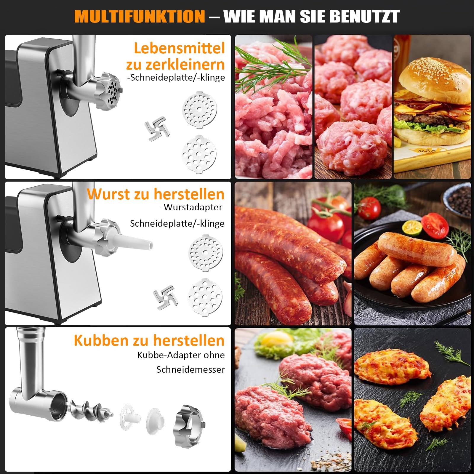STANEW Fleischwolf Elektrisch, 3 in 1 Hackfleisch Maschine mit 3 Platten aus Edelstahl, Wurstmaschine Kubbe und 3 Füllrohre für Wurst, Kapazität 3,5 kg/min, 3 Klingen, 3500 W Starker Kupfermotor