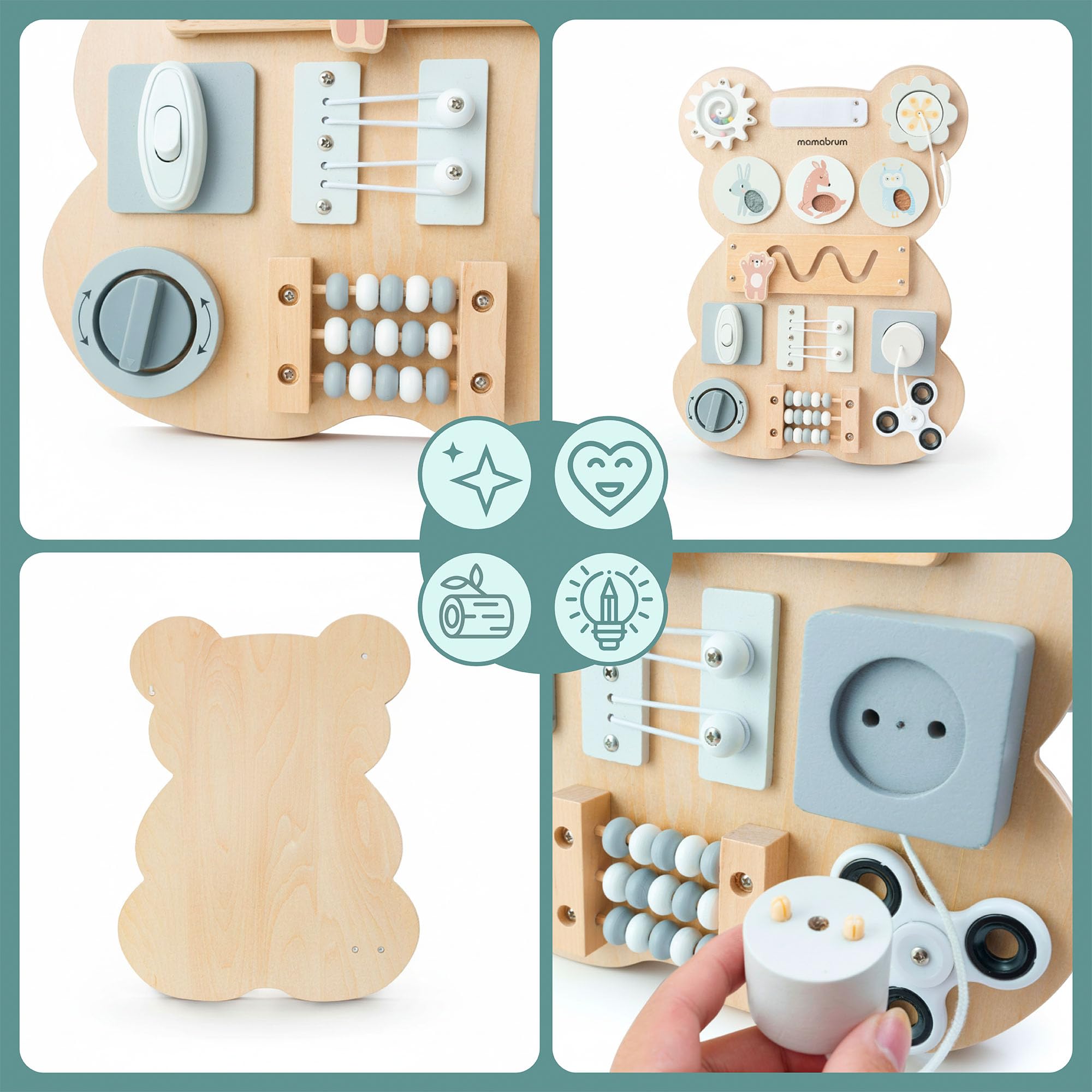 mamabrum Tabla Sensorial Montessori Oso – Juego Educativo Manipulación & Motricidad, Laberinto, Velcro, Enchufe & Botón Clic, Madera Sólida, Desarrollo Coordinación Bebés Niños