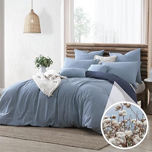 Swift Home Juego de funda de edredón reversible de 100 % algodón, ropa lavada y teñida, prearrugada, mezclilla decoloradaazul marino, KingCal King