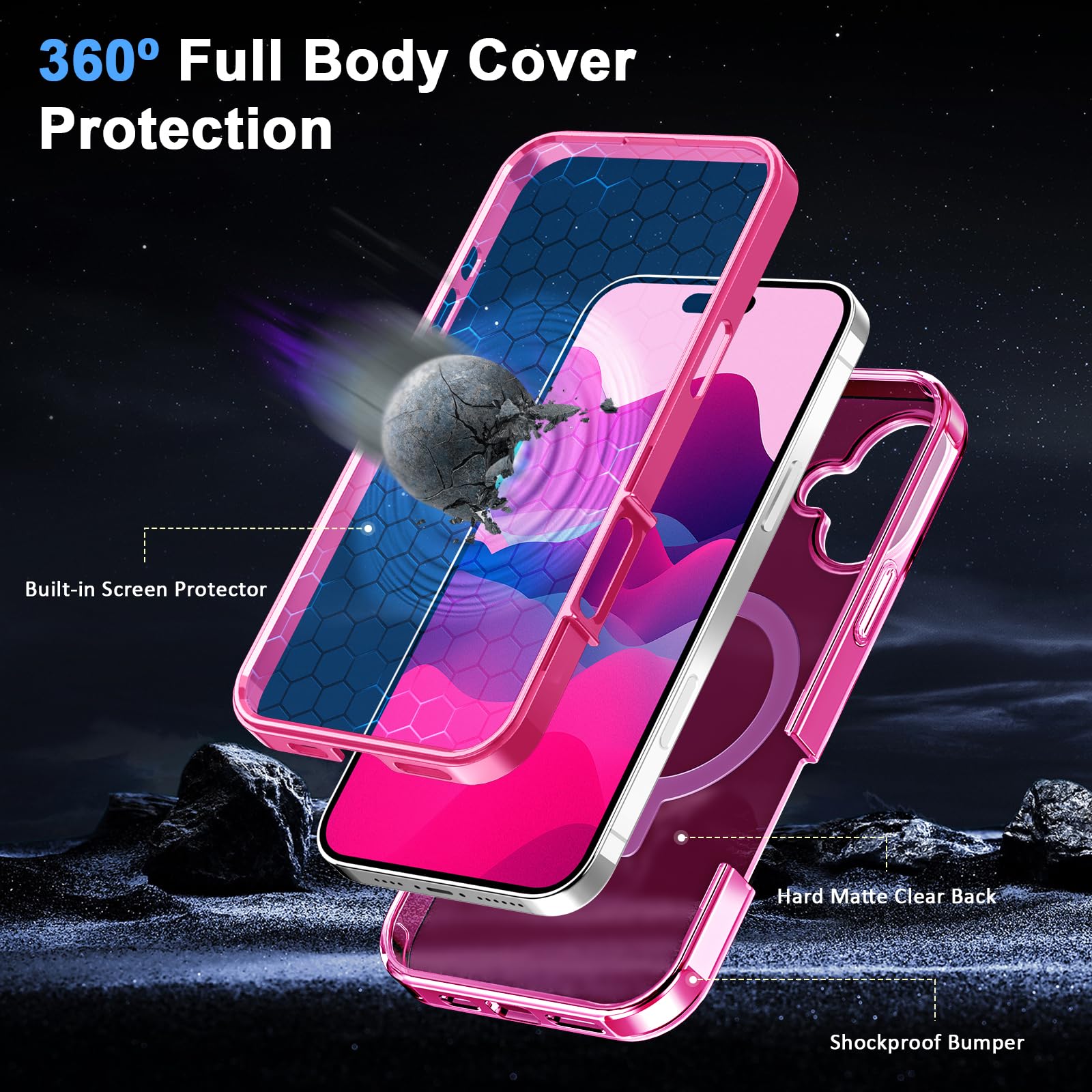 Unichthy Magnetic Case for iPhone 16 Cover with Finger Ring Holder Stand, Deep Pink - Image 4