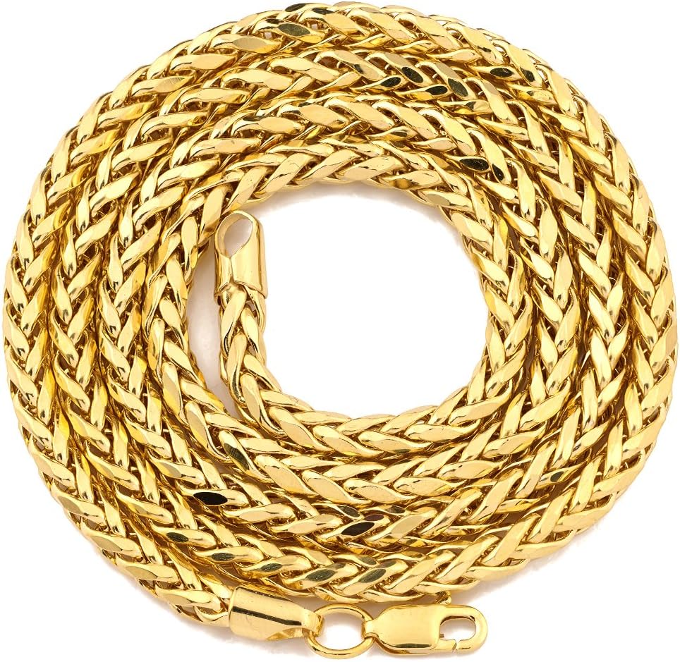 LoveBling 10K Yellow Gold 4mm Wheat, Palm Chain Necklace with Lobster Lock (18", 20", 22", 24", 26" 28", 30")