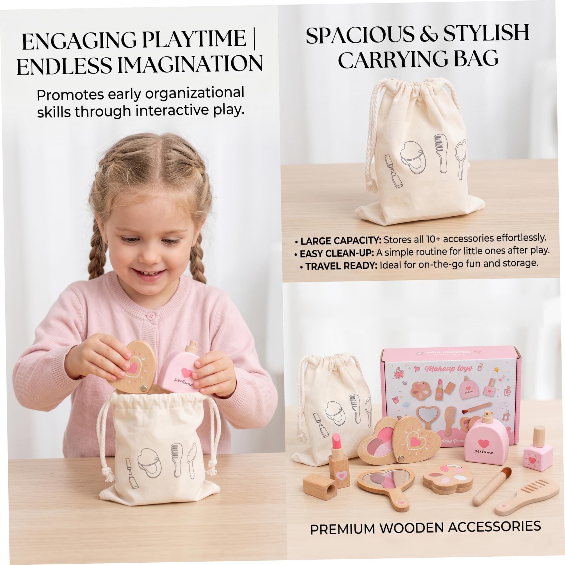 Set di giocattoli per il trucco in legno, trucco realistico per bambini Oggetti di scena in legno per giochi di bellezza, materiali sicuri per i bambini, pratica custodia per giochi di finzione