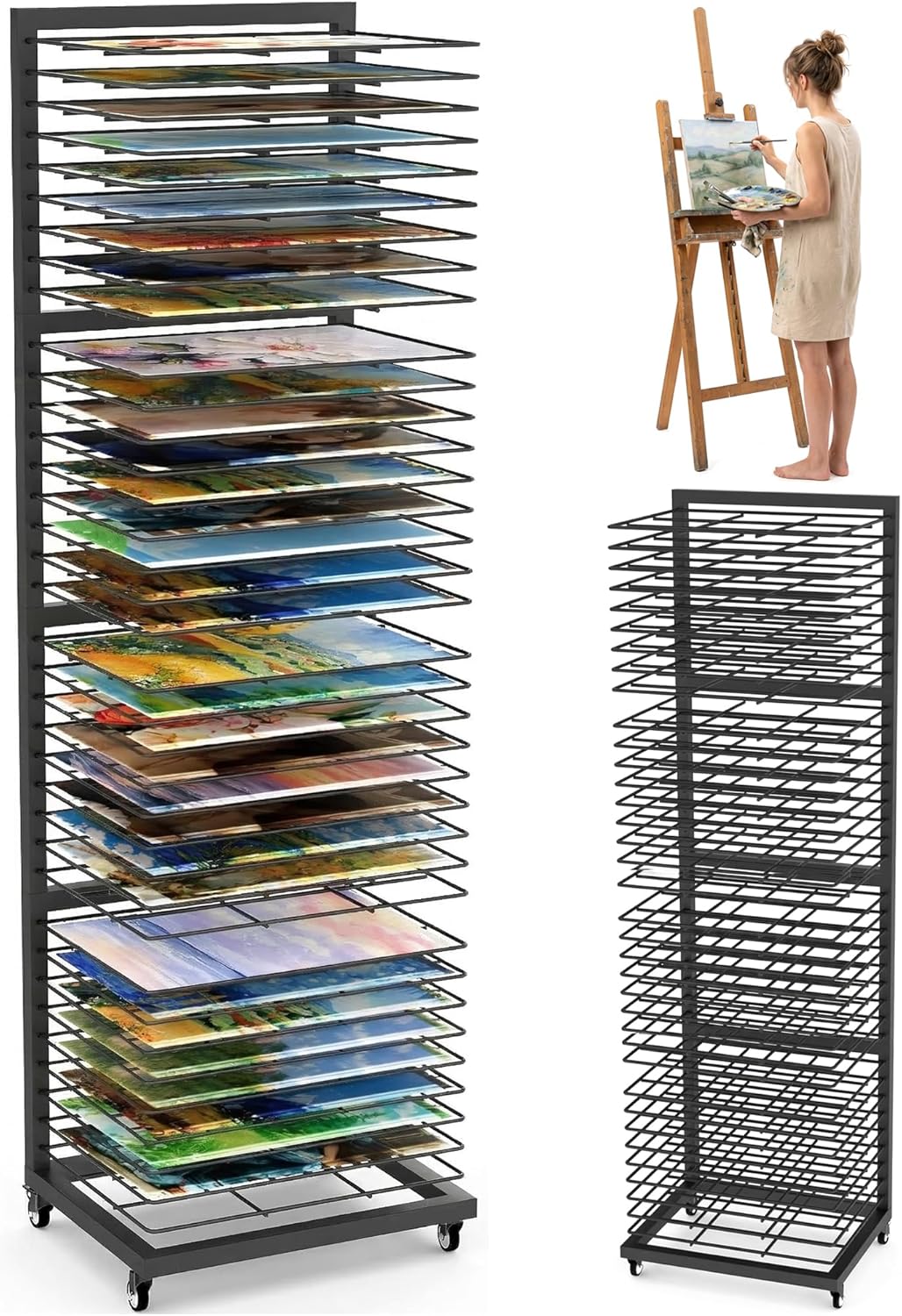 Art Drying Rack with Lockable Wheels, Painting Drying with 36 Removable Shelves, Canvas Rack Art Storage for Classrooms, Art Clubs, Art Studio, 13 3/4" D x 17 1/2" W x 55 1/2" H - Black(New)