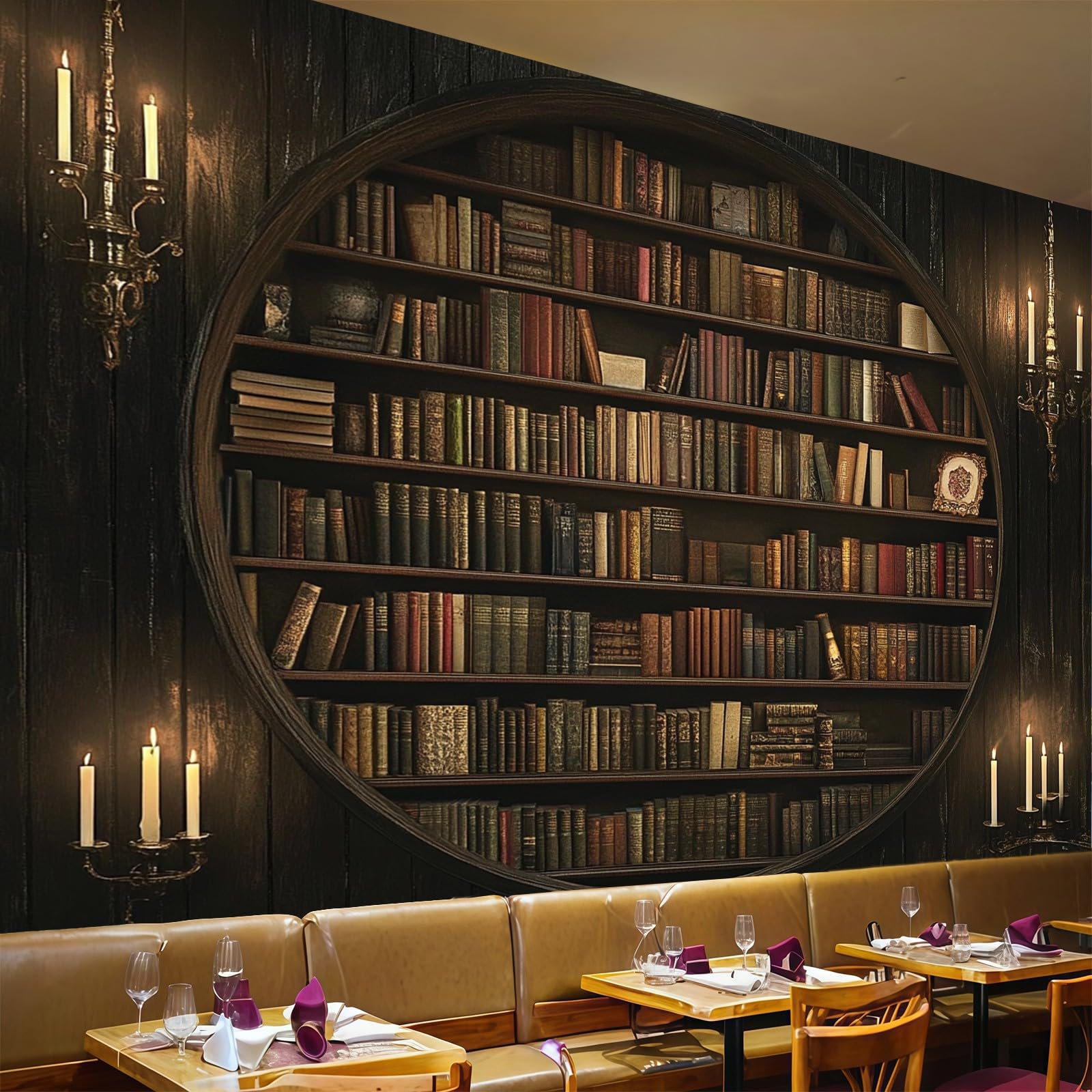 Papel pintado panorámico de librería redonda retro con mural grande de 200x140 cm