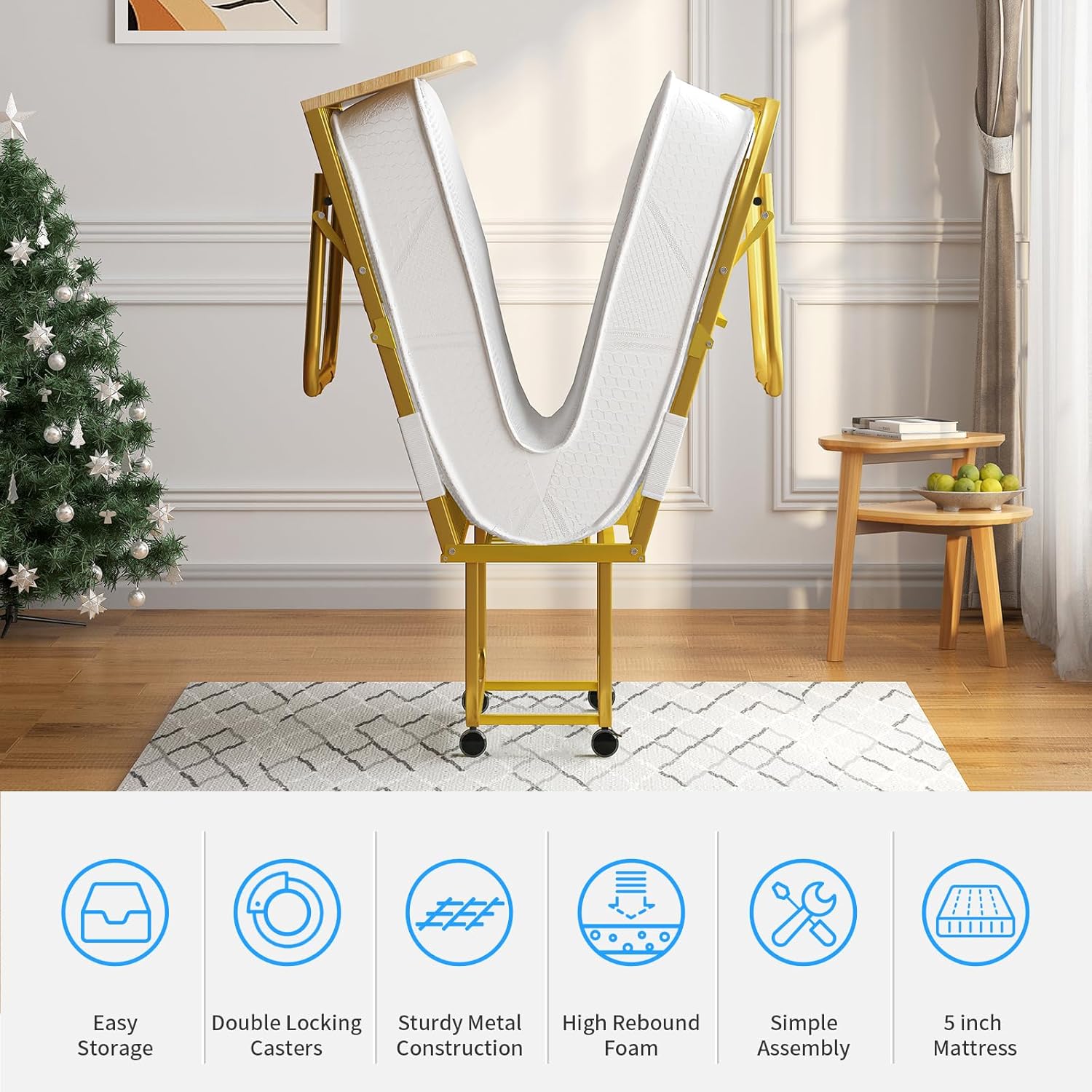 PUREMIND Folding Bed with 5” Mattress & Baffles, Twin Size 75”x 45” Portable Rollaway Beds for Adults, Fold up Bed with Metal Frame Space-Saving Guest Beds for Living Room/Apartment/Office