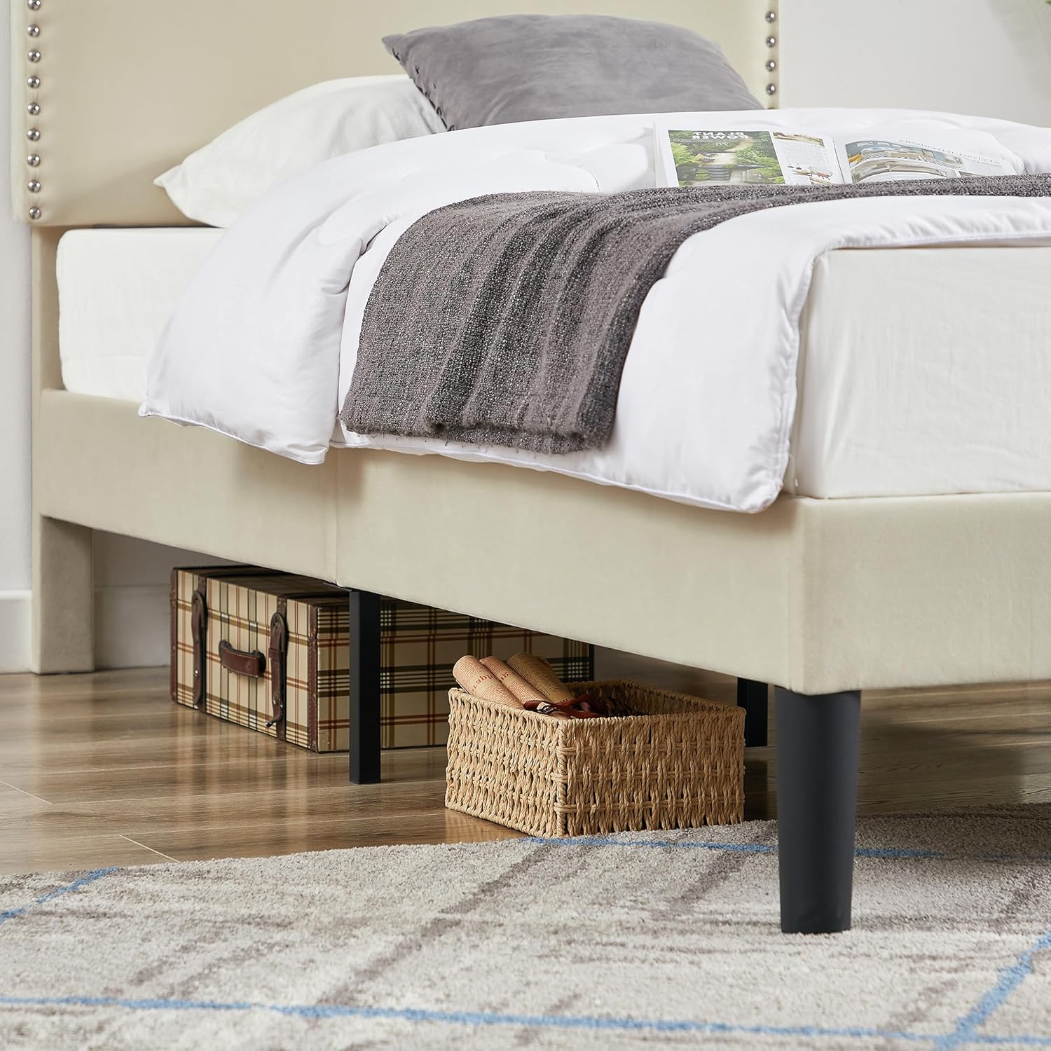 VECELO Twin Bed Frame, Platform Bed Frame with Adjustable Height Upholstered Headboard, Heavy-Duty Frame and Strong Wooden Slats Support, Non-Slip and Noise-Free, Easy Assembly, Beige