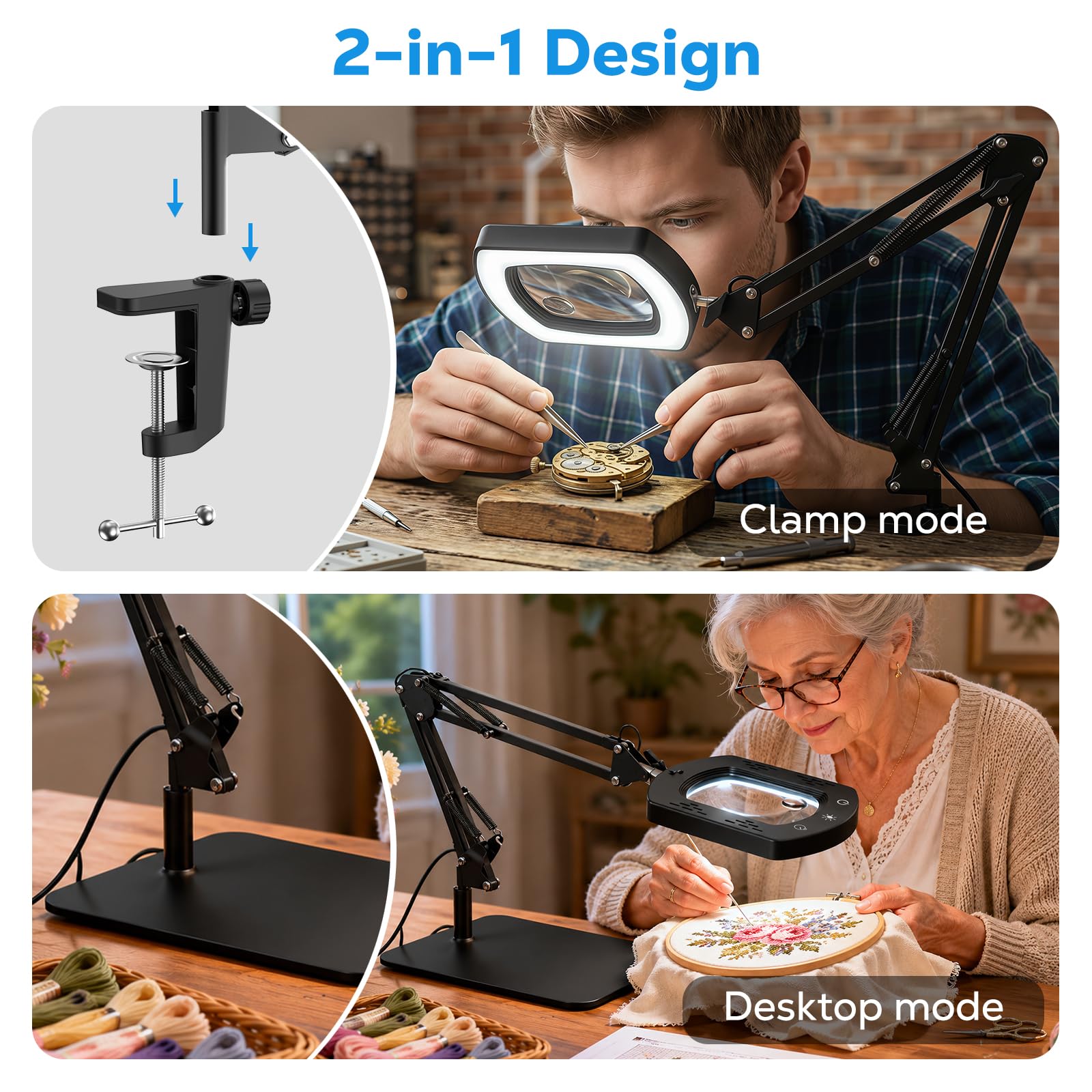 Moko Lupa 15X 30X con Luz Y Soporte, Lámpara De Escritorio con Pinza, Lupa con Luz Led Regulable Sin Escalonamientos Y 5 Modos De Color, Lupa De Escritorio para Trabajos De Precisión, Lectura, Negro