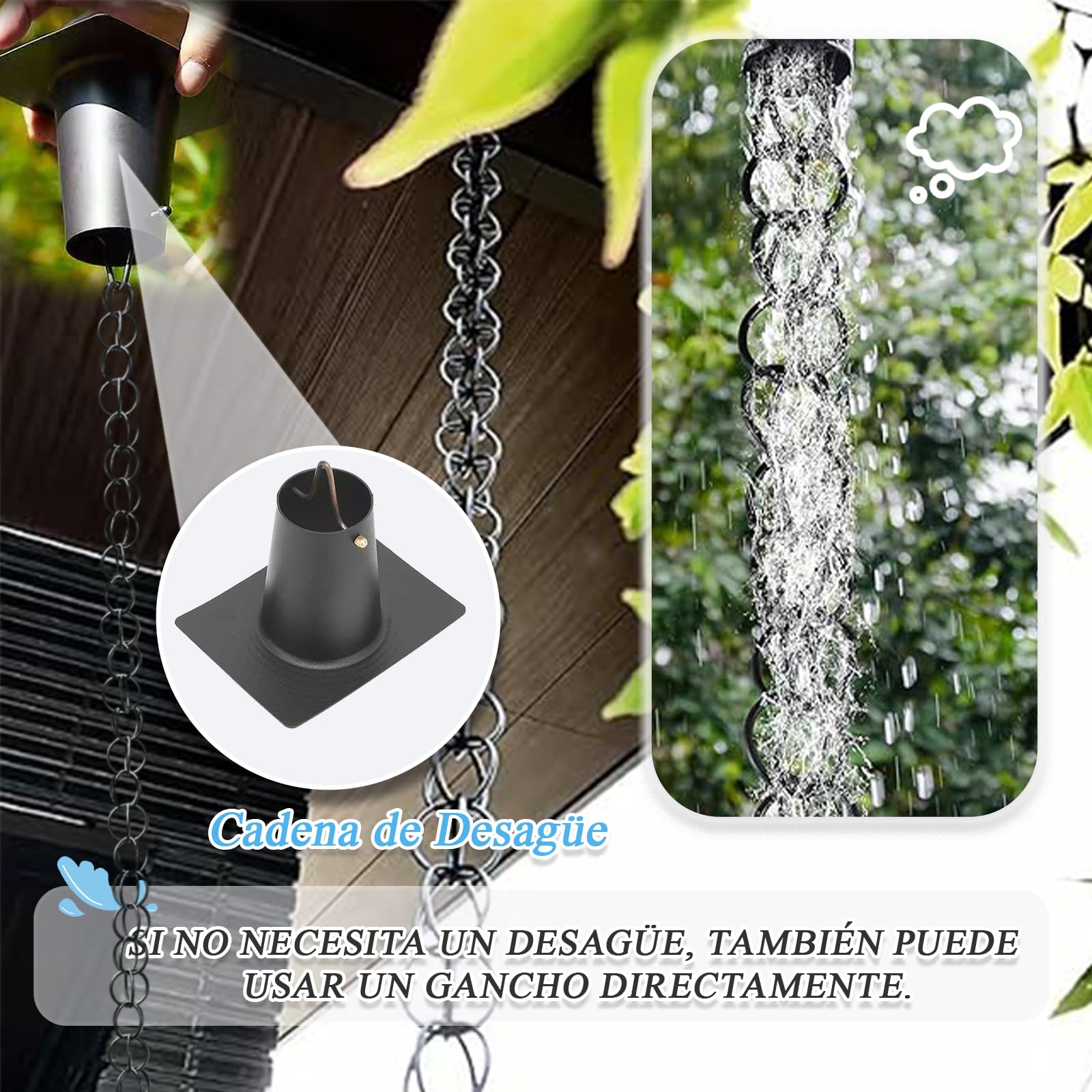 Cadenas De Lluvia Cadenas para La Lluvia Fácil Instalación para Canalones de Techo， Jardín， Balcón， Patio Negro-B-4m(13ft