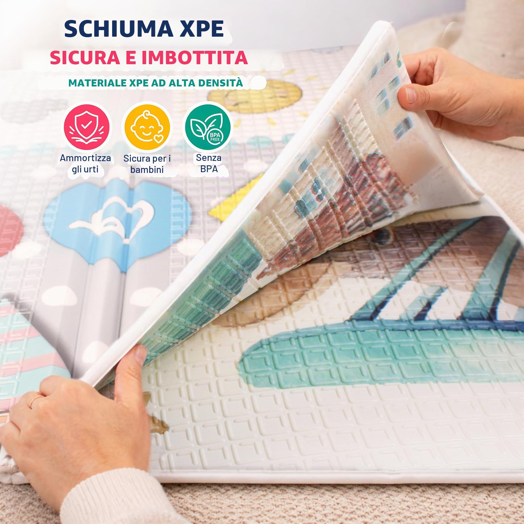Tappeto Gioco per Bambini Pieghevole e Reversibile | Grande e Sicuro 178x196 cm XPE Non Tossico Certificato CE/ASTM | Educativo Evolutivo Decorativo Facile da Pulire