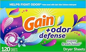 Gain Dryer Sheets Plus Odor Defense, Super Fresh Blast Scent, 120 Count, Helps fight static and odor, laundry sheets