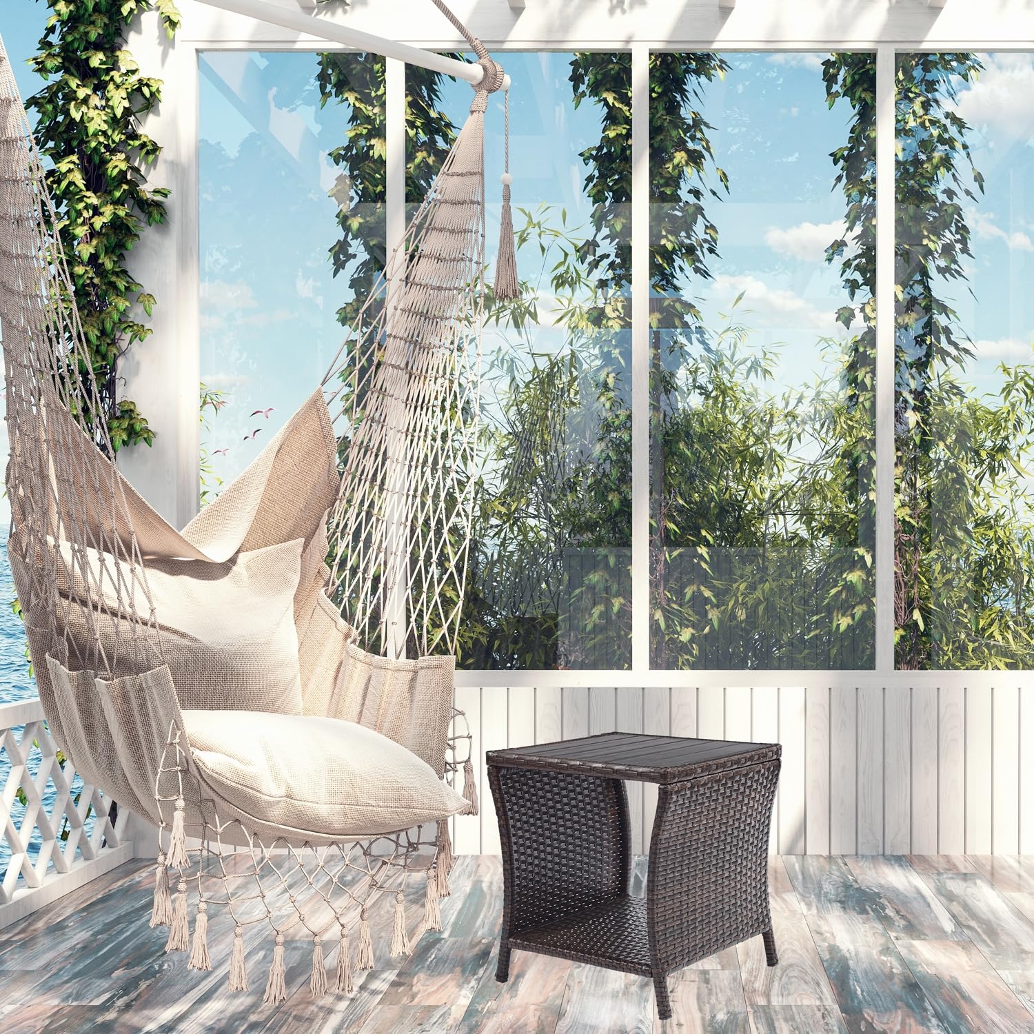 Table D'appoint Extérieur Rotin Marron - 2 étagères Rangement 45x45x50cm