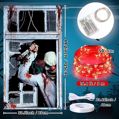 Miniatura 3 de Panelee Cubierta de ventana de payaso aterrador de Halloween, decoración de puerta de Halloween, decoración espeluznante del hogar, payaso