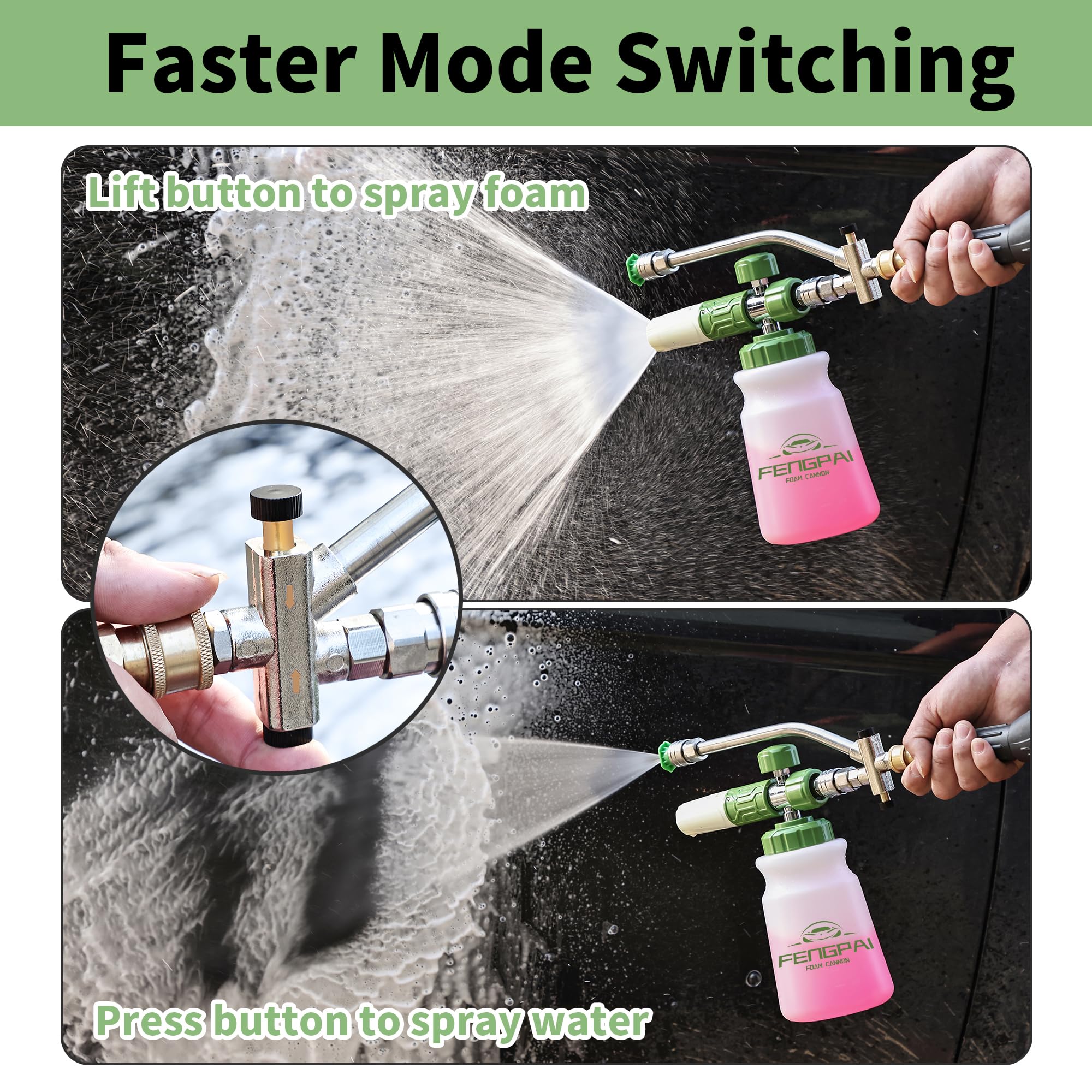FENG PAI Cañón de espuma para lavadora a presión con accesorio de doble conector y 7 boquillas pulverizadoras de lavadora eléctrica, accesorio de doble punta para cañón de jabón, conexión rápida de 1