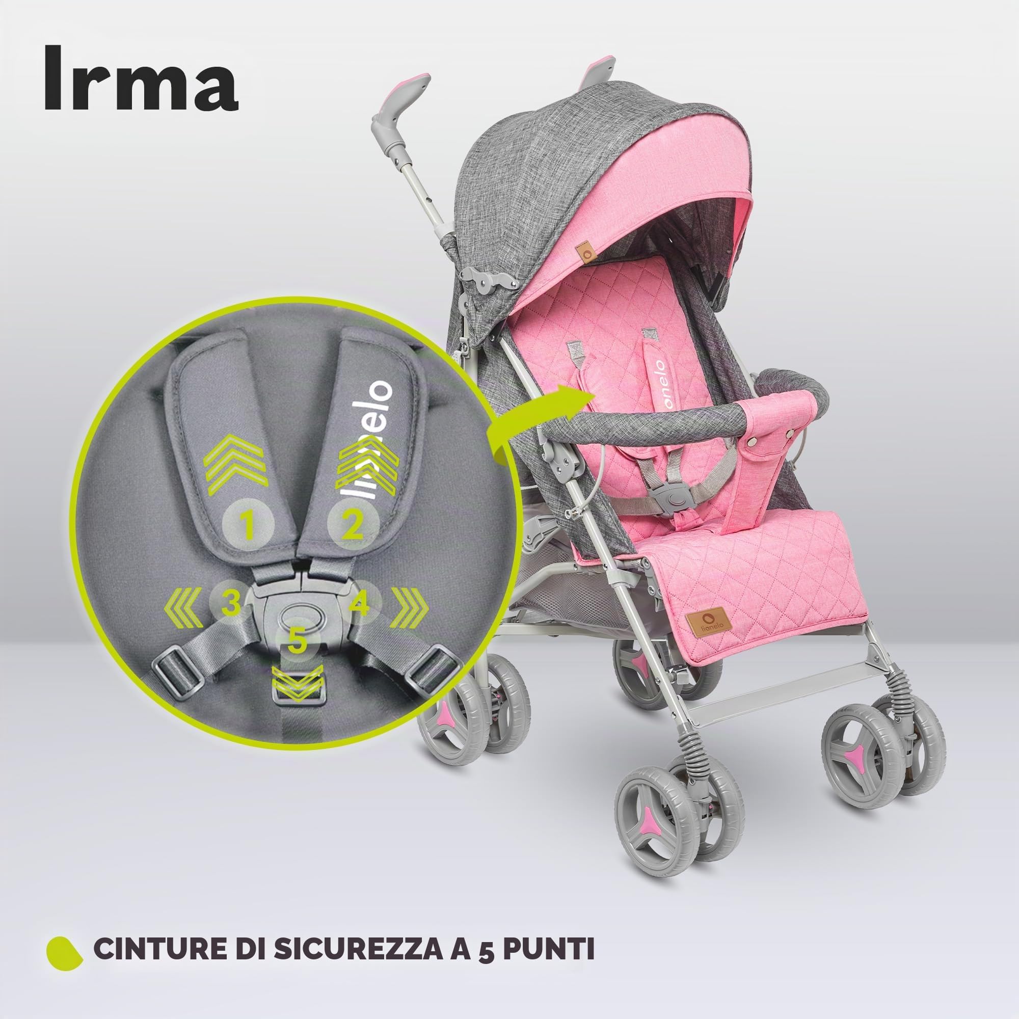 LIONELO Passeggino IRMA leggero e pieghevole per bambini fino a 3 anni, funzione sdraiata, imbracatura a 5 punti, ruote grandi da 6", zanzariera, cestino grande e cappuccio, maniglie girevoli