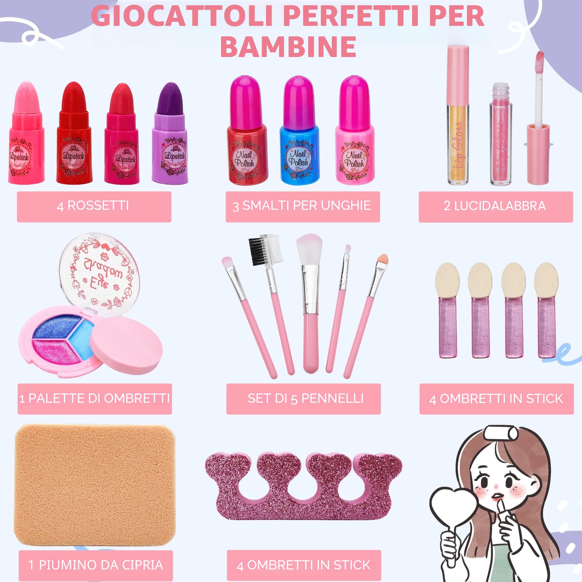 Lubibi Set Trucco Lavabile per Bambini con Valigetta, Testati per la Sicurezza Kit di Cosmetici Veri per Bambini Regalo di Compleanno di Natale Giocattolo per Ragazze età 4 5 6 7 8