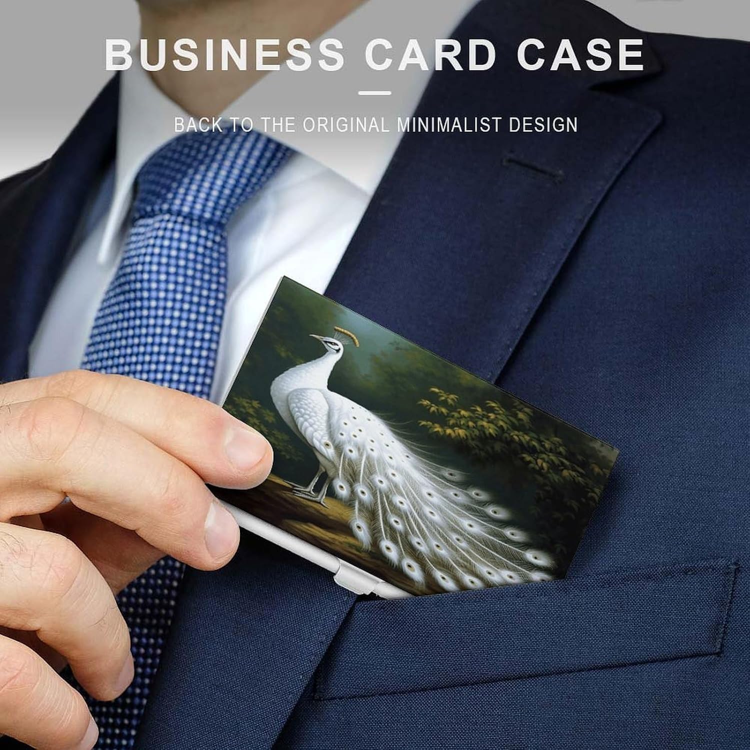 White Peacock Business Card Holder Aluminum Alloy Cards Case Flip Cover Slim Name Card for Men Buckle Style Shut Professional Cards Case for Office Workers
