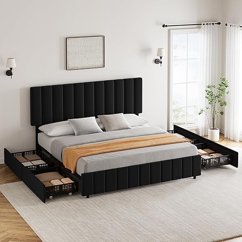 IDEALHOUSE Base de cama tapizada tamaño Queen con 4 cajones de almacenamiento, cabecera ajustable y soporte de listones de madera, no necesita