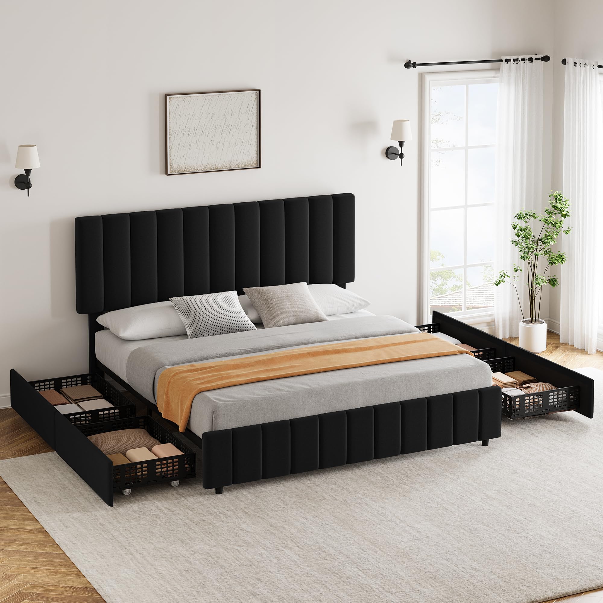 IDEALHOUSE Queen Upholstered Bed Frame with 4 Storage Drawers, Adjustable Headboard and Wooden Slats Support, No Box Spring Needed,Easy to Assemble,