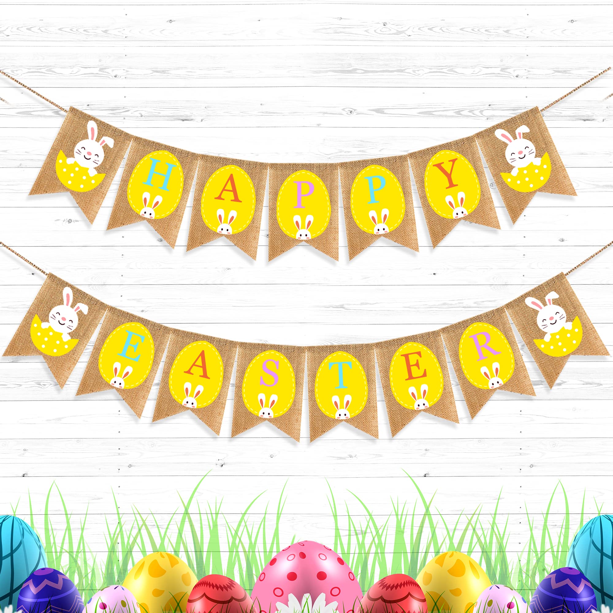 Yellow Happy Easter Burlap Banner - No DIY | Happy Easter Banner for Happy Easter Decorations | Happy Easter Garland for Easter Mantel Decorations | Easter Egg Banner for Fireplace | Spring Banner