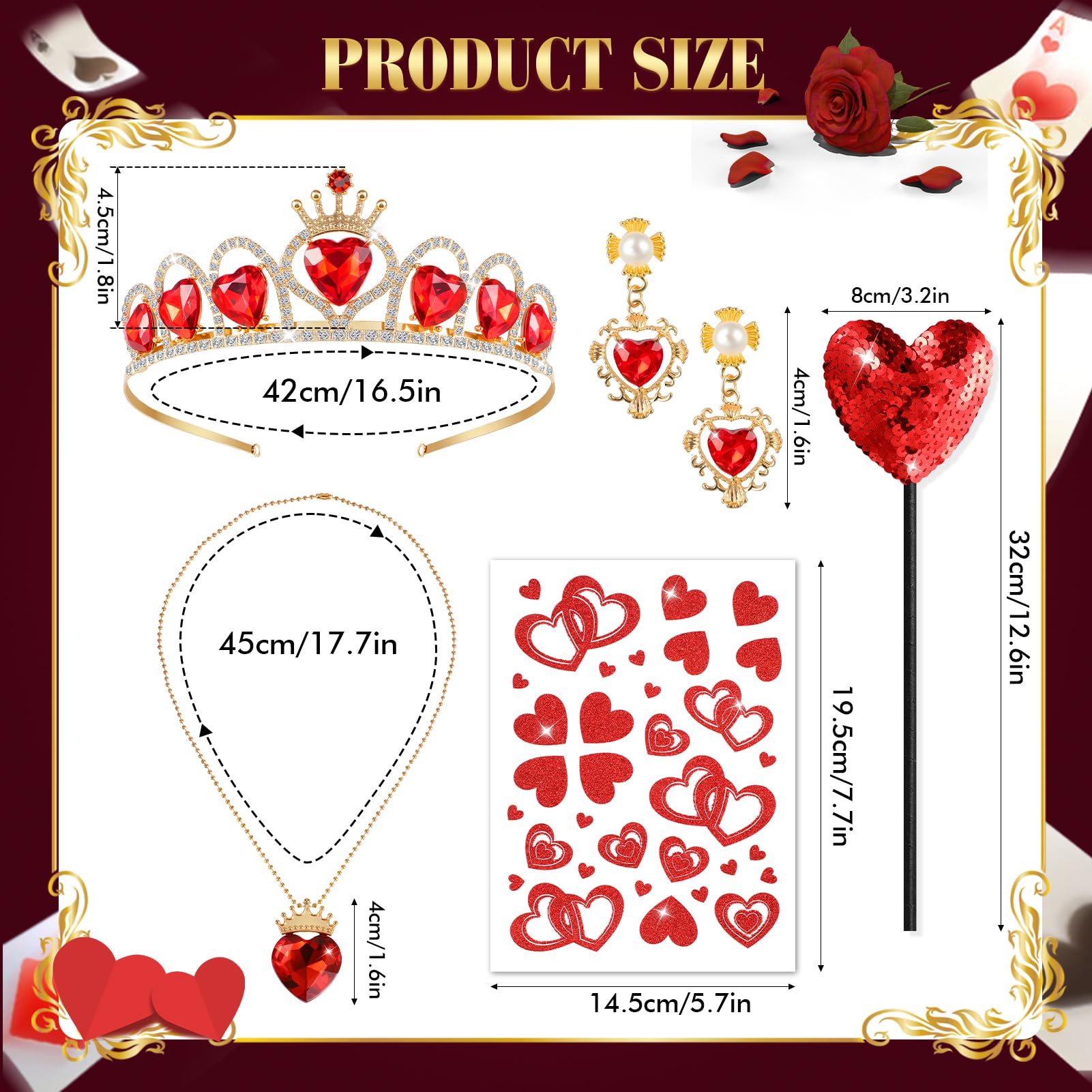 Beipegin 5PCS Queen of Hearts Accessories Set, Crown Headband Earings Necklace Wand Face Stickers, Queen of Hearts Costume Accessories Women Girls for Halloween Carnival World Book Day Cosplay Party - Image 2