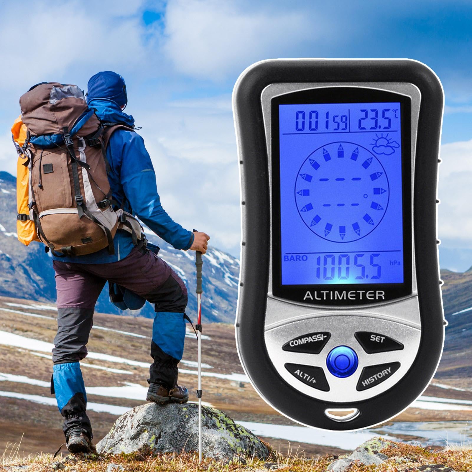 Digitaler Höhenmesser, elektronischer Höhenmesser | Multifunktions -Handheld -Temperaturbarometer -Barometerkompass,Tragbares Gerät mit Hintergrundbeleuchtung, Outdoor -Messgerät, Wettervorhersage für