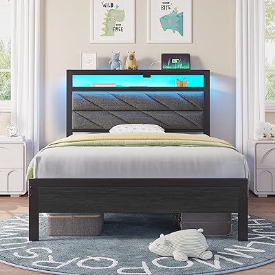 Seventable Bed Frame Full Size with Charging Station, LED Bed with Upholstered Storage Headboard, Metal Platform Bed with Under Bed Storage, No Box Spring Needed, Noise Free, Easy Assembly, Grey