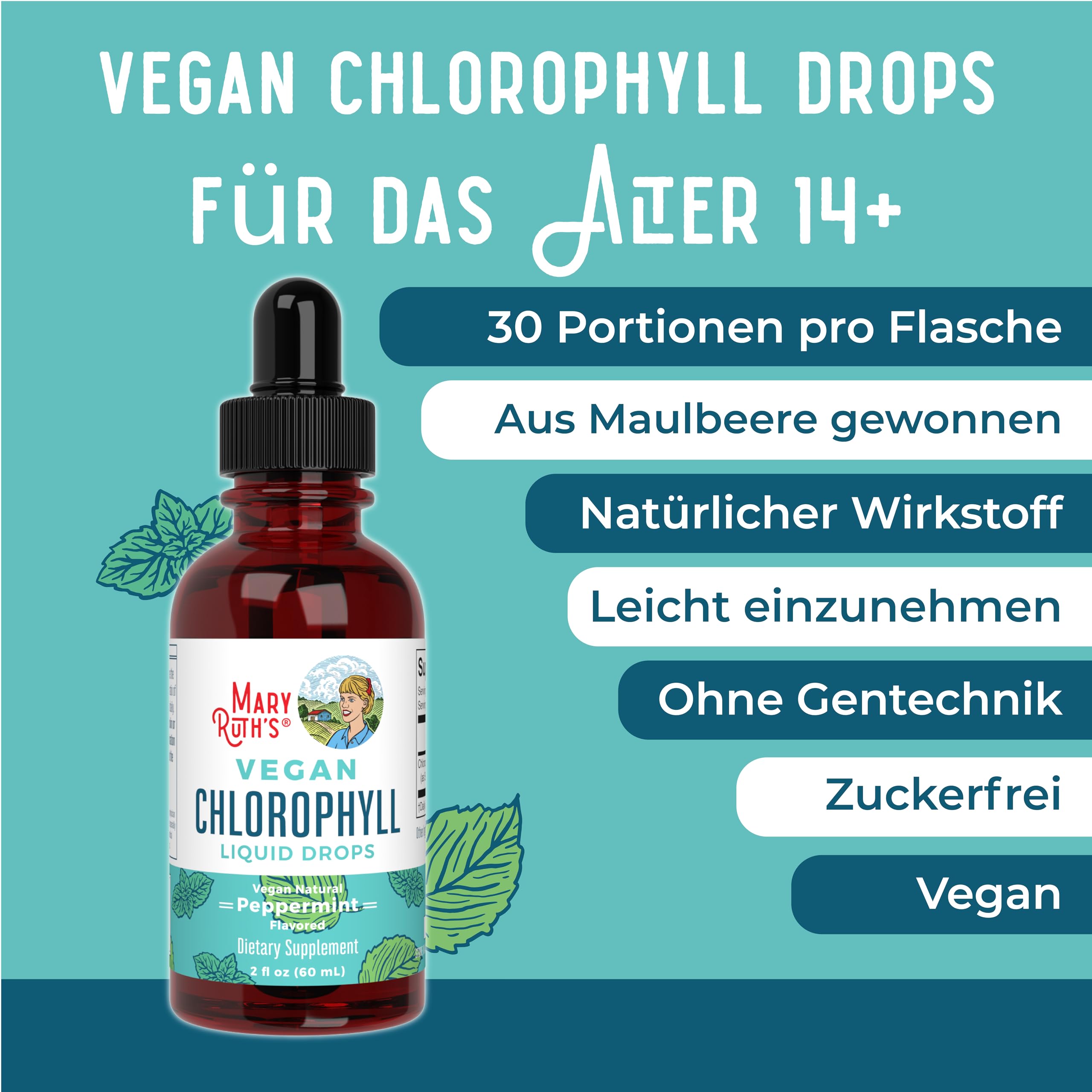 MaryRuth's, Chlorophyll Drops, 60ml, 50mg Chlorophyll je Dosis, Pfefferminzgeschmack, Vegan, Glutenfrei, Sojafrei, GMO frei