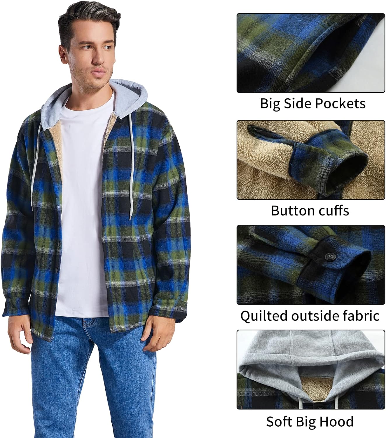 Derbars Men’s Cotton Plaid Shirts Jacket Fleece Lined Flannel Shirts Sherpa Button Down Jackets with Hood for Men