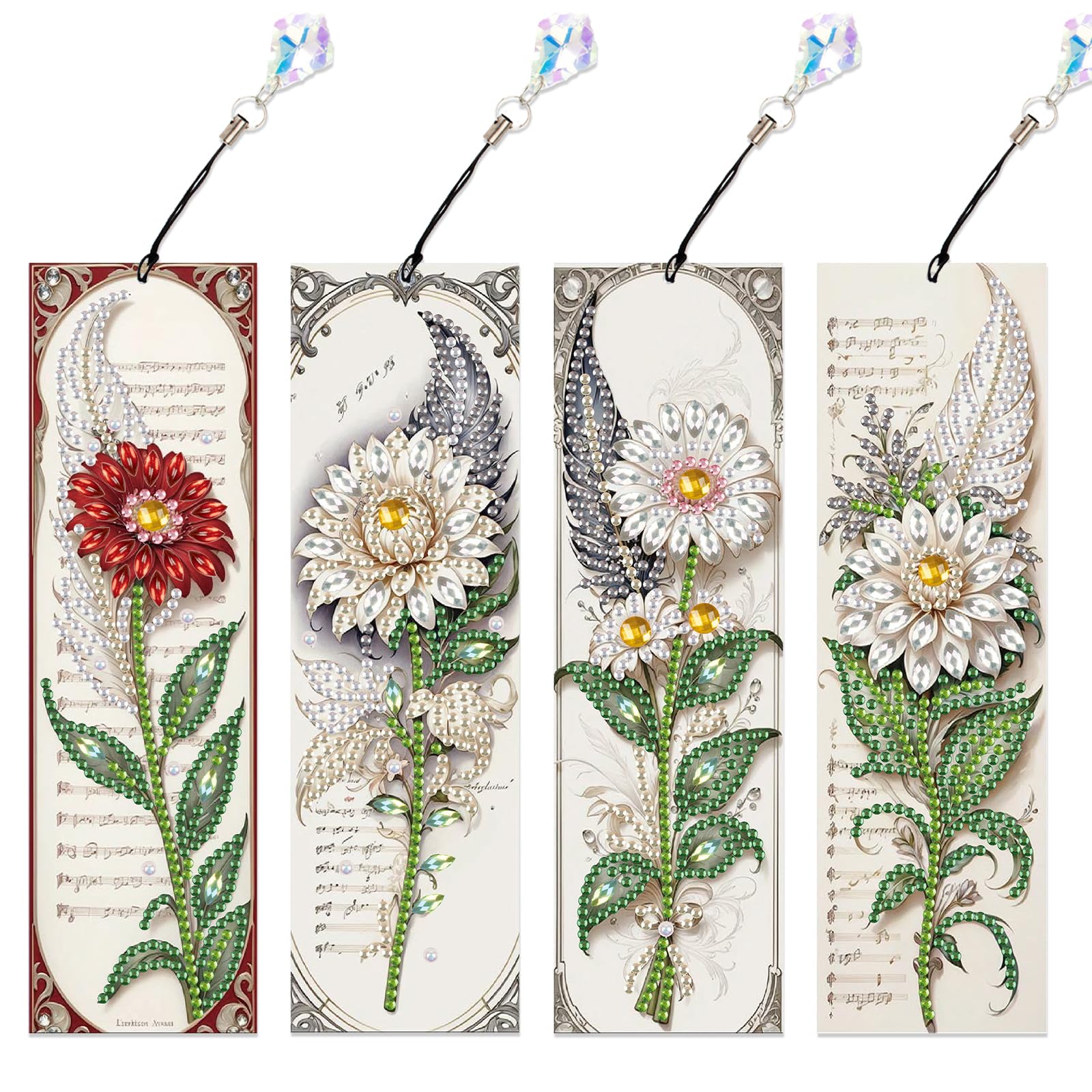 4-Pack 5D Flower Diamond Painting Bookmarks Kit, DIY Diamond Art Bookmarks with Colorful Diamond Gems and Tassels, Floral Bookmark Making Set for Adults, Gift for Book Lovers