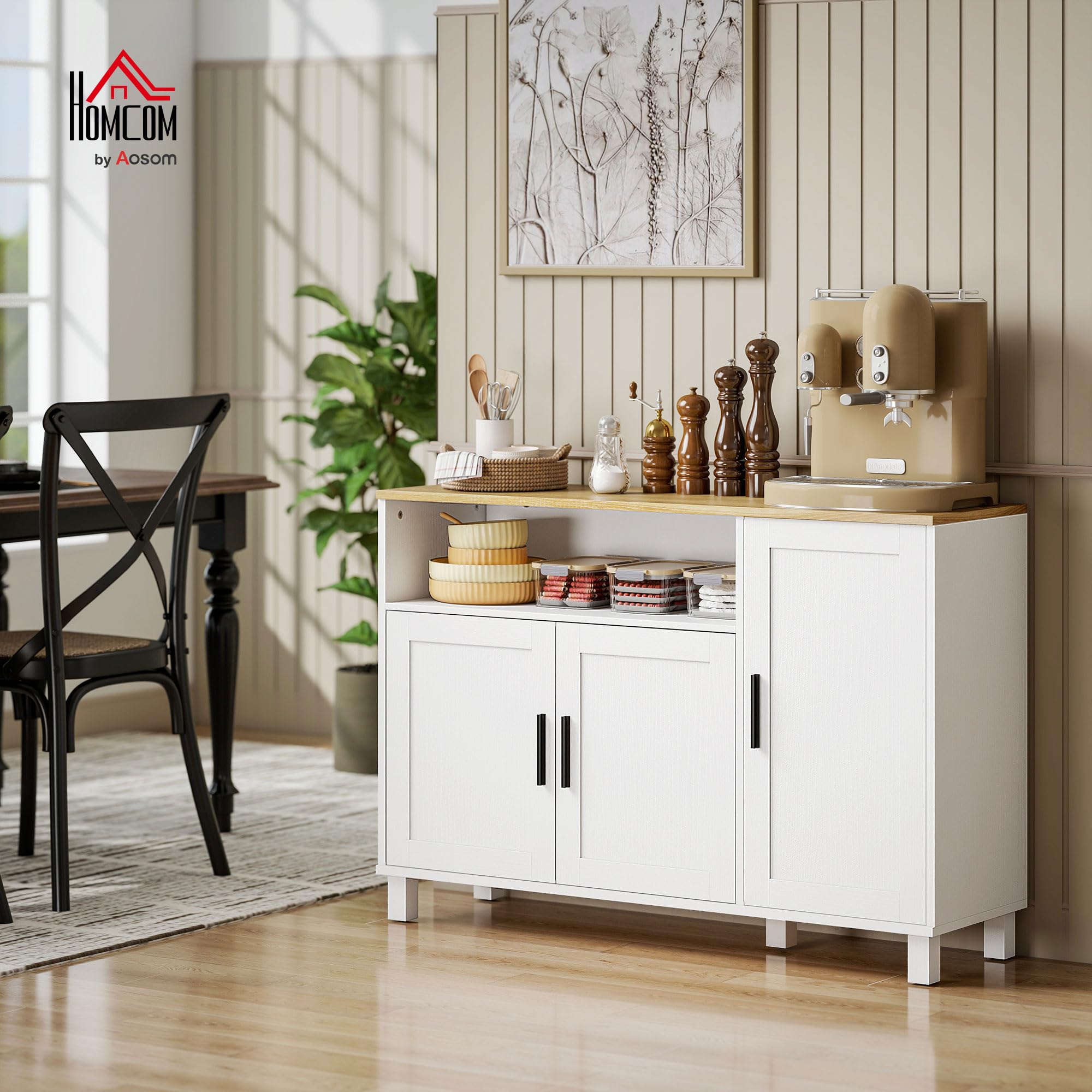 HOMCOM Buffet 3 Portes à Fermeture Amortie 110 x 33 x 75 cm Blanc | Meuble de Rangement, Compartiment Ouvert, Étagères Réglables, Style Moderne, Buffet Salle à Manger, Salon