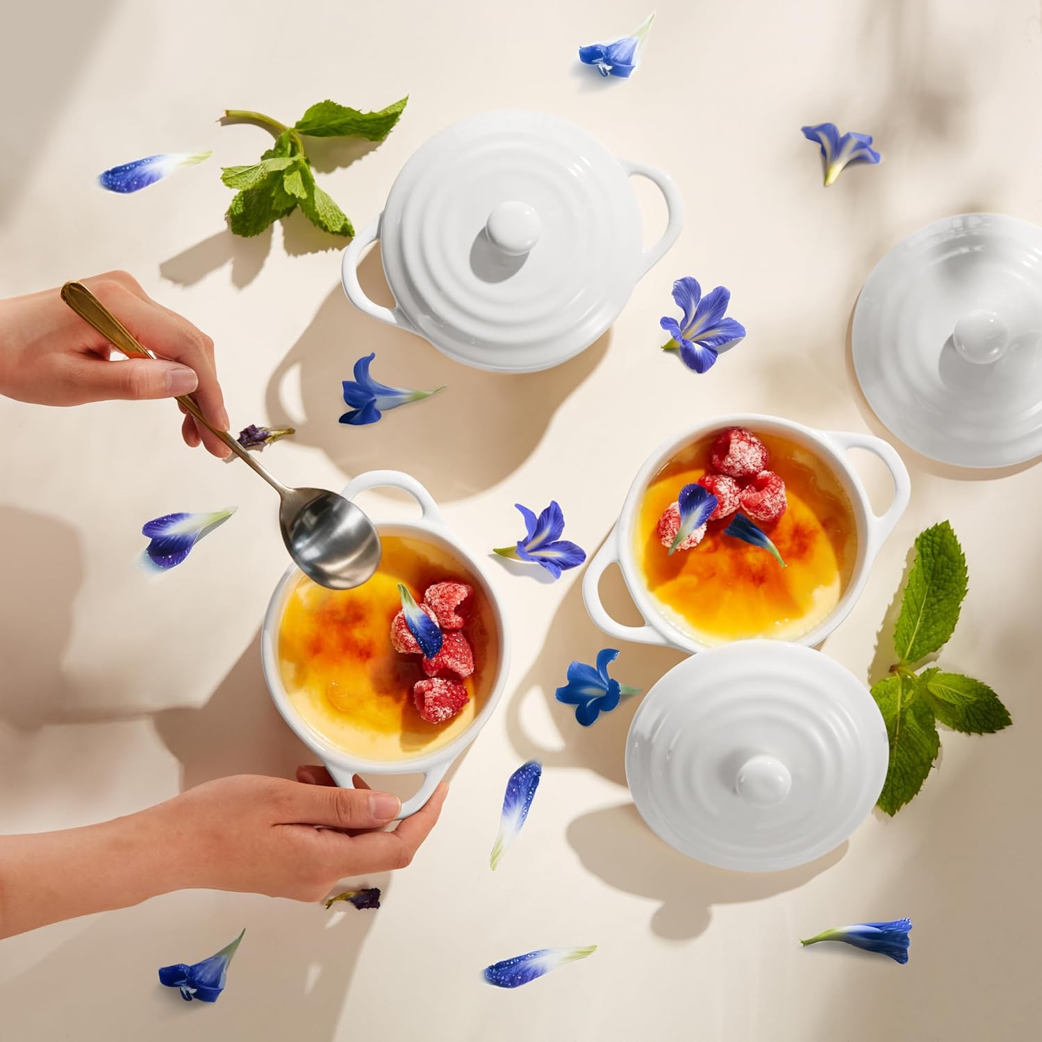 Kook Ceramic Mini Cocotte Set, Small Casserole Dishes with Lids and Handles, Individual Baking Ramekins, Oven safe 350F, Microwave & Dishwasher Safe, Stoneware, 12 oz, Set of 4, (Swiss White)