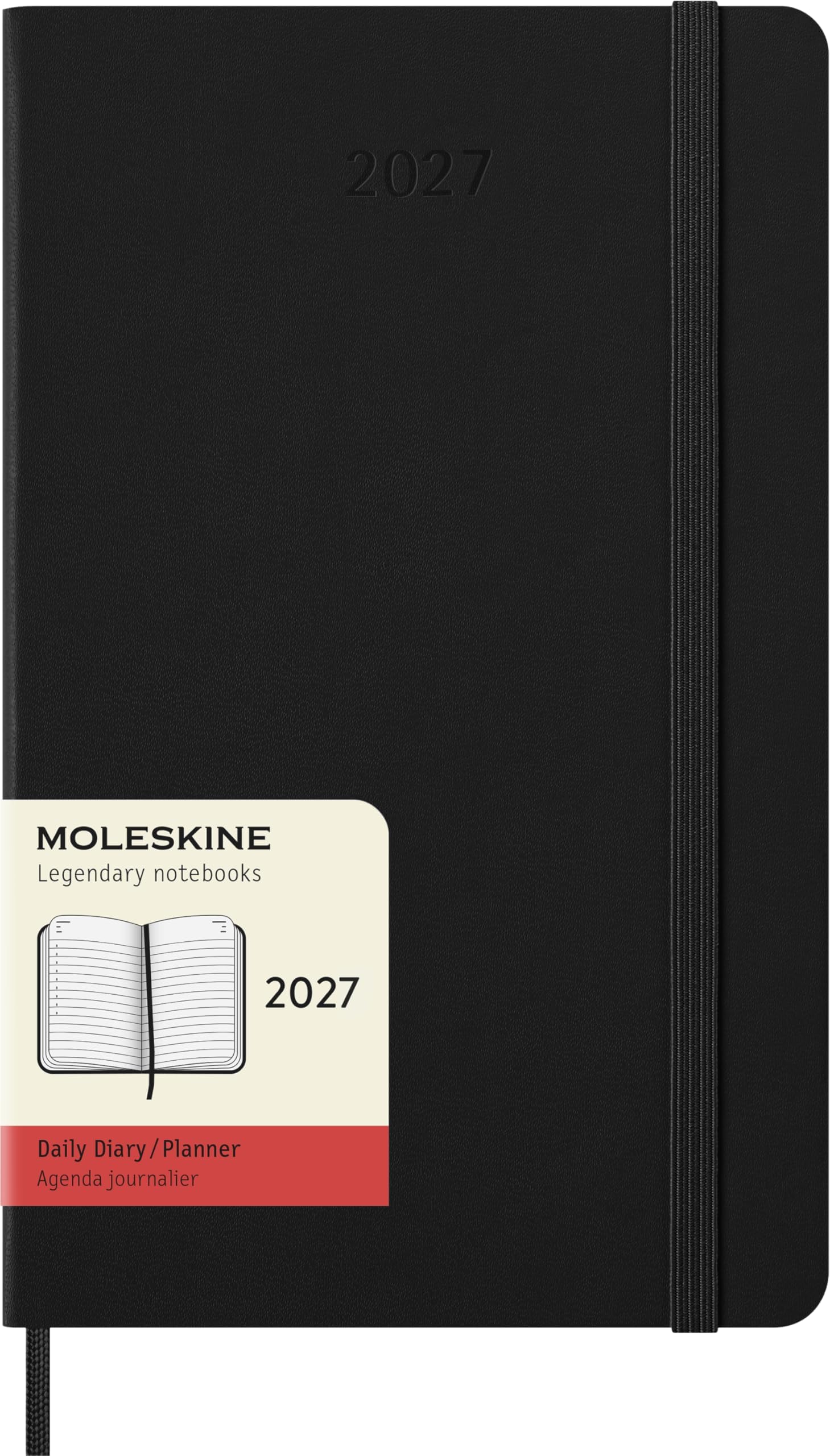 Moleskine Daily Planner 2027, Hard Cover 12 Month Diary with Elastic Closure, Large 13x21 Cm, Black