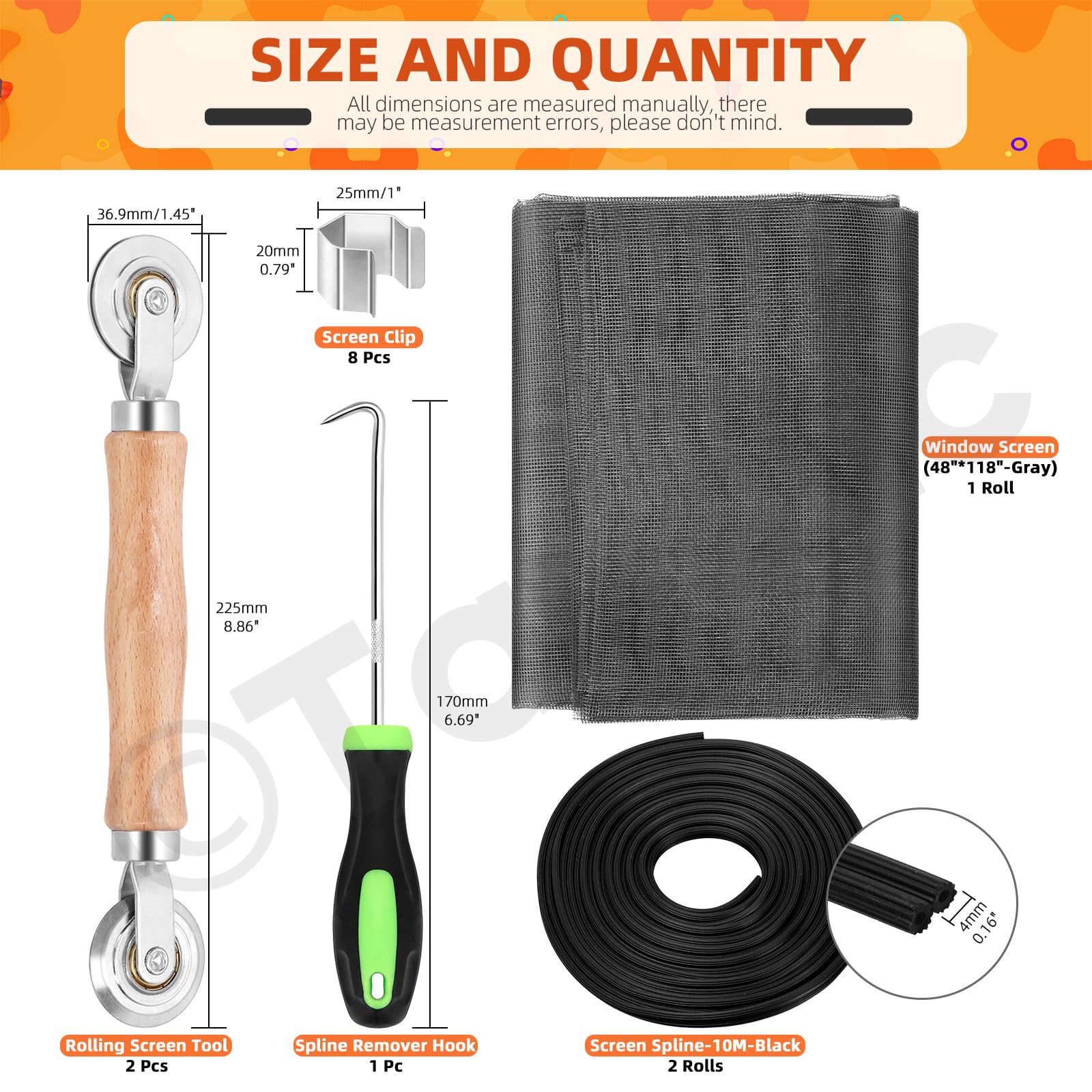 Tanstic 14Pcs Window Screen Mesh and Screen Door Repair Tools Kit, 48''W X 118''L Fiberglass Screen Mesh - Image 2
