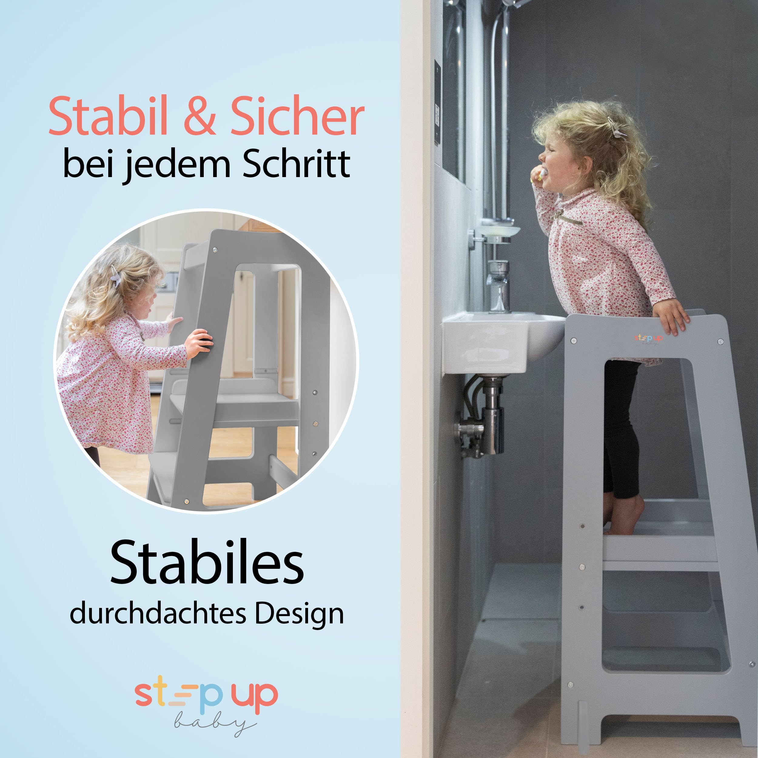 Stepup Baby Montessori Lernturm Tritthocker | Hochstuhl | Höhenverstellbar | Küchenhelfer | Sicherheitsgeländer | Für Kinder von 18 Monaten bis 5 Jahren - Grau