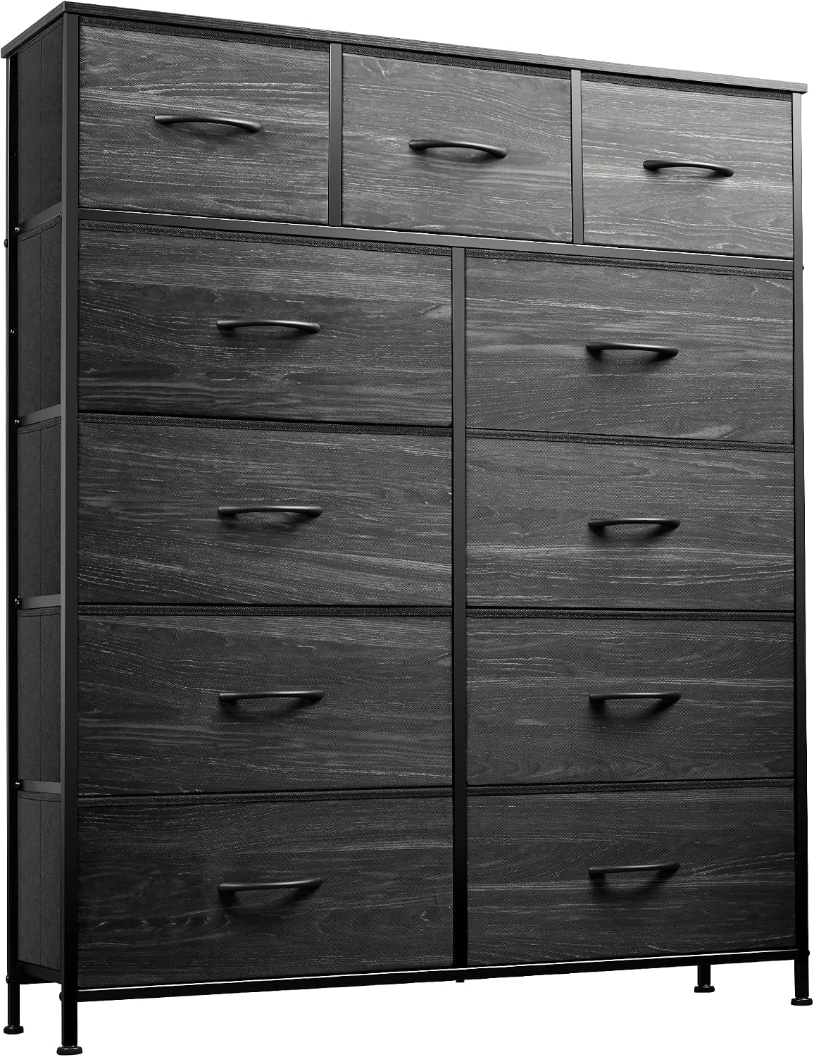 WLIVE 11-Drawer Dresser, Fabric Storage Tower for Bedroom, Hallway, Nursery, Closet, Tall Chest Organizer Unit with Fabric Bin, Steel Frame, Wood Top, Easy Pull Handle, Charcoal Black Wood Grain Print
