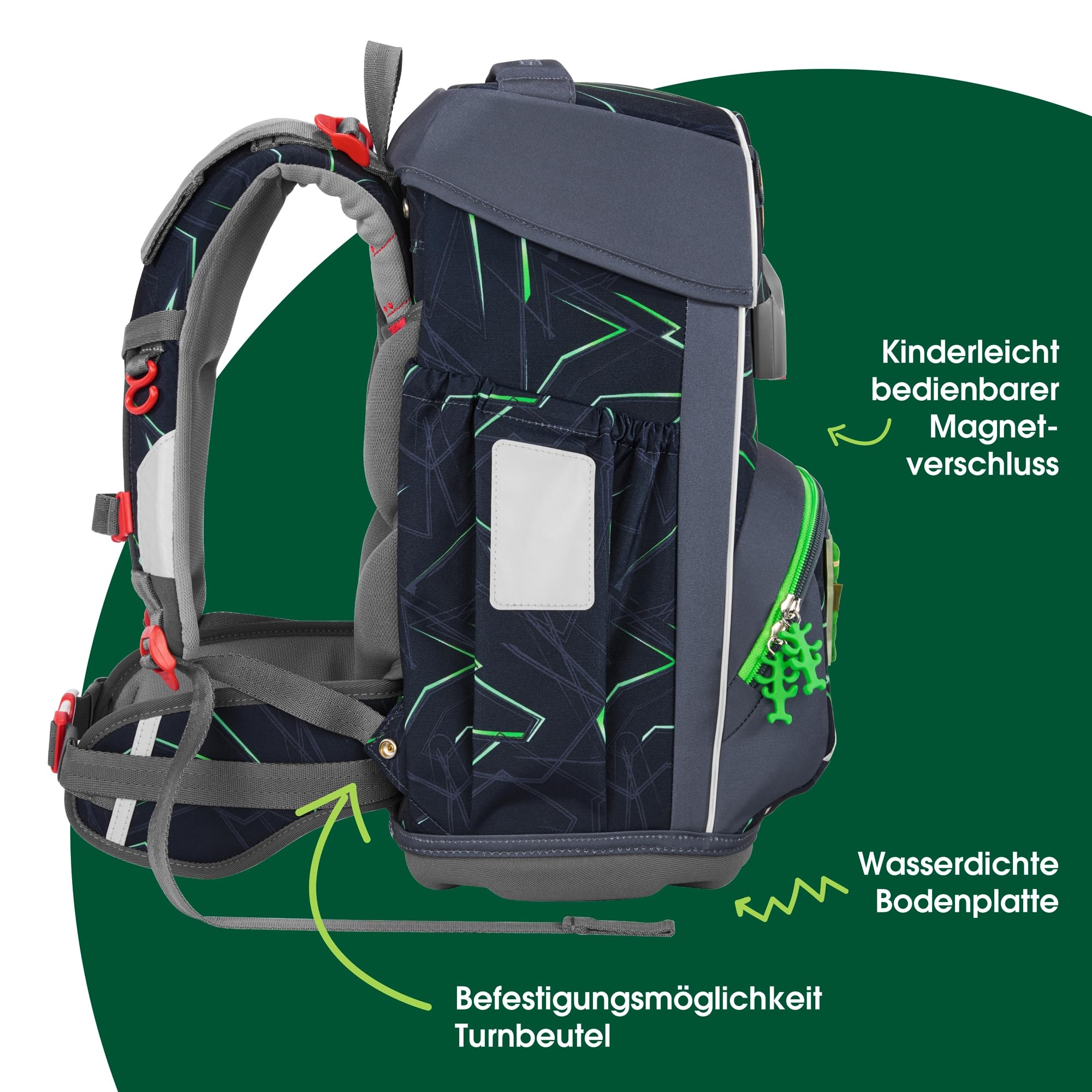 Step by Step Giant zestaw tornistrów szkolnych, 5-częściowy, zielony, ergonomiczny tornister z odblaskami, regulacja wysokości z paskiem biodrowym i piersiowym, dla dzieci od 1. klasy, 23 l