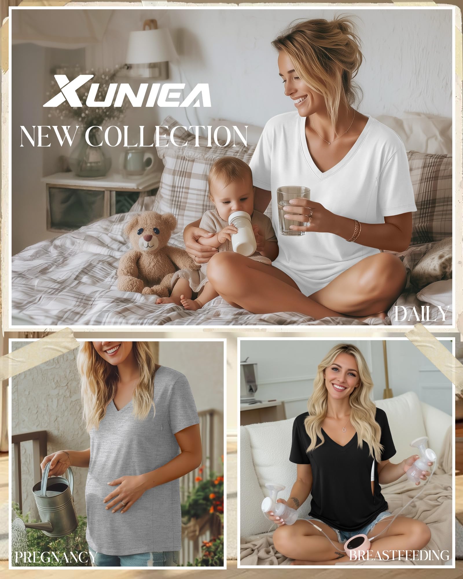 Xuniea 3er Pack Damen Stillshirts, Stilltops mit Verstecktem Reißverschluss zum Stillen & Abpumpen, V-Ausschnitt Kurzarm