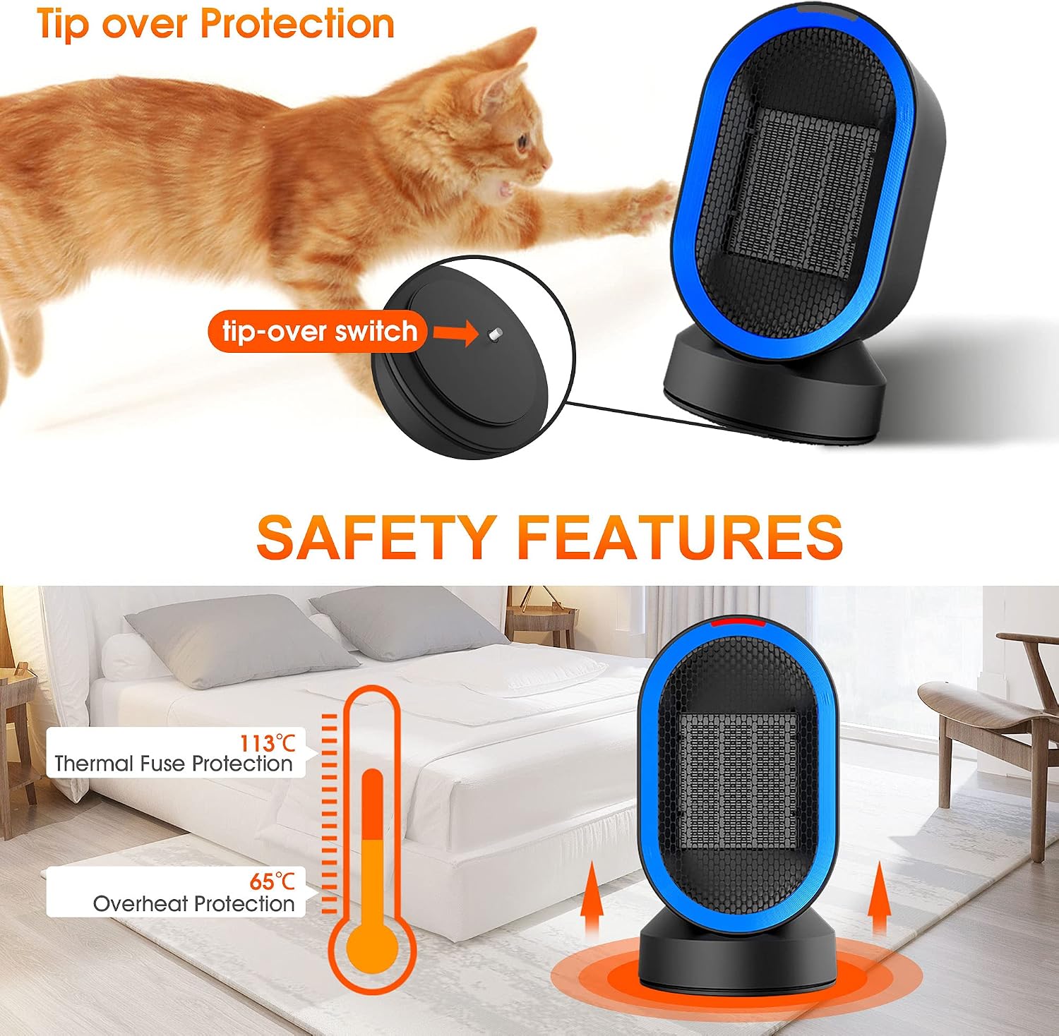 Space Heater Kioudl by Nessbase Electric Mini Space Heater Portable Desk Fan Heater Oscillation Personal Air Heater with Over-Heat Protection and Tip-Over Protection for Bedroom, Office, Home and Indoor Use